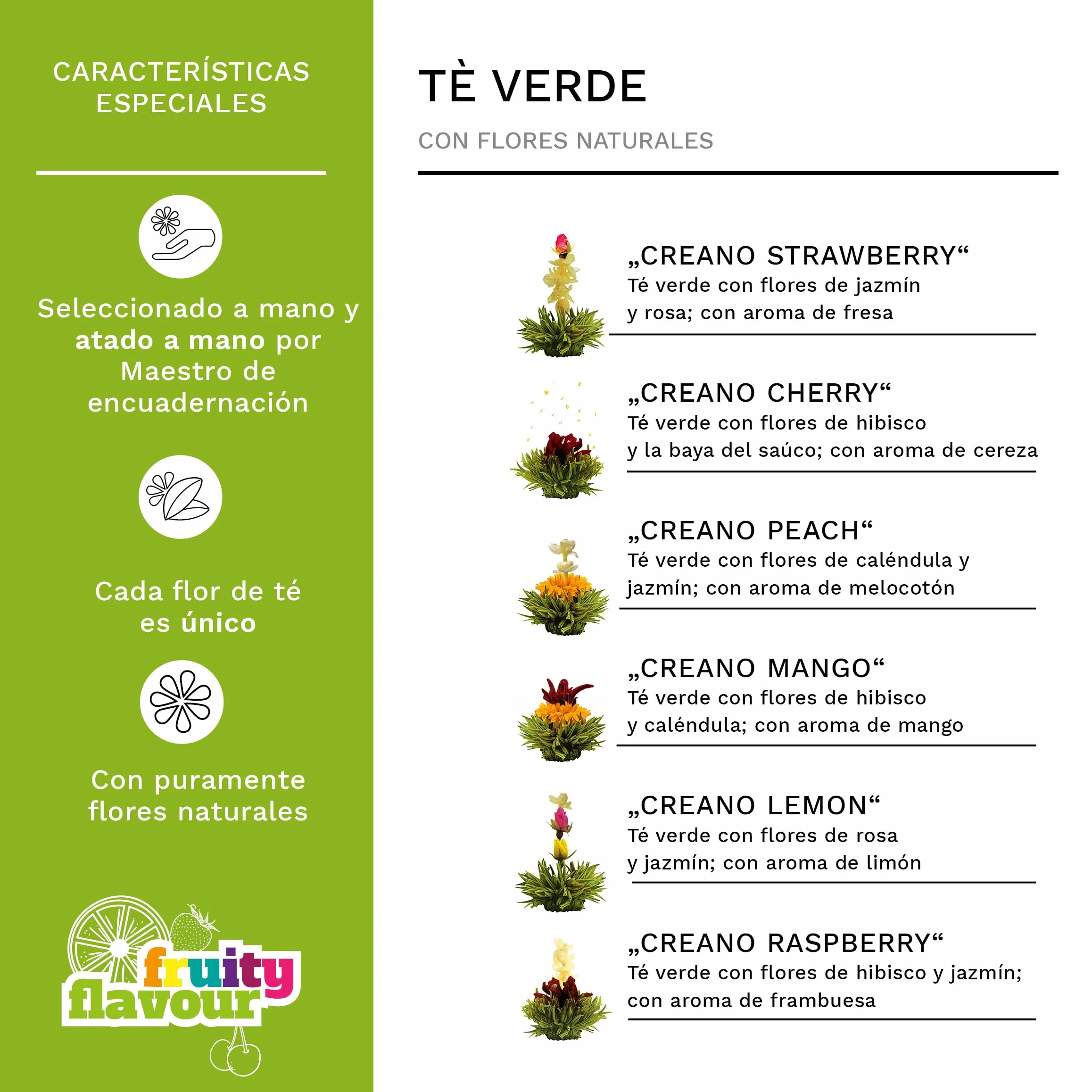 Creano Flores de Té Verde 12 uds – Cofre de Madera Premium – 6 Variedades de Té Verde Frutal – Regalo Elegante para Amantes del Té