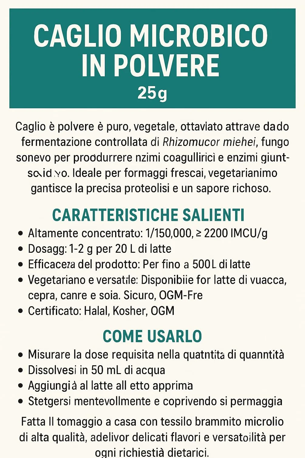Cuajo en Polvo Microflora 25 g – Cuajo Vegano y Natural para la Elaboración de Quesos Frescos y Veganos