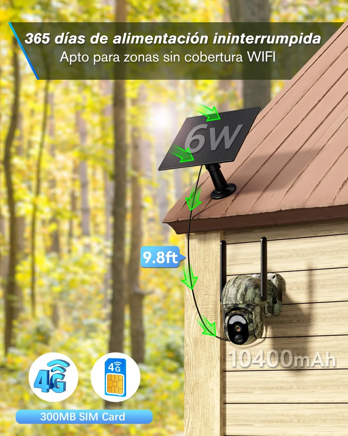 Xega 4G LTE Cámara de Caza Solar 2K PTZ, PIR Detección, Visión Nocturna Color, IP65
