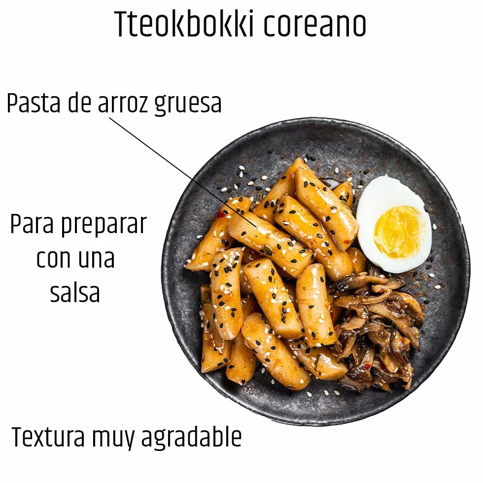 Tteokbokki coreano pasta de arroz gruesa 600 g sin gluten en 3 bolsas de 200 g ideal para salsas picantes y recetas asiáticas