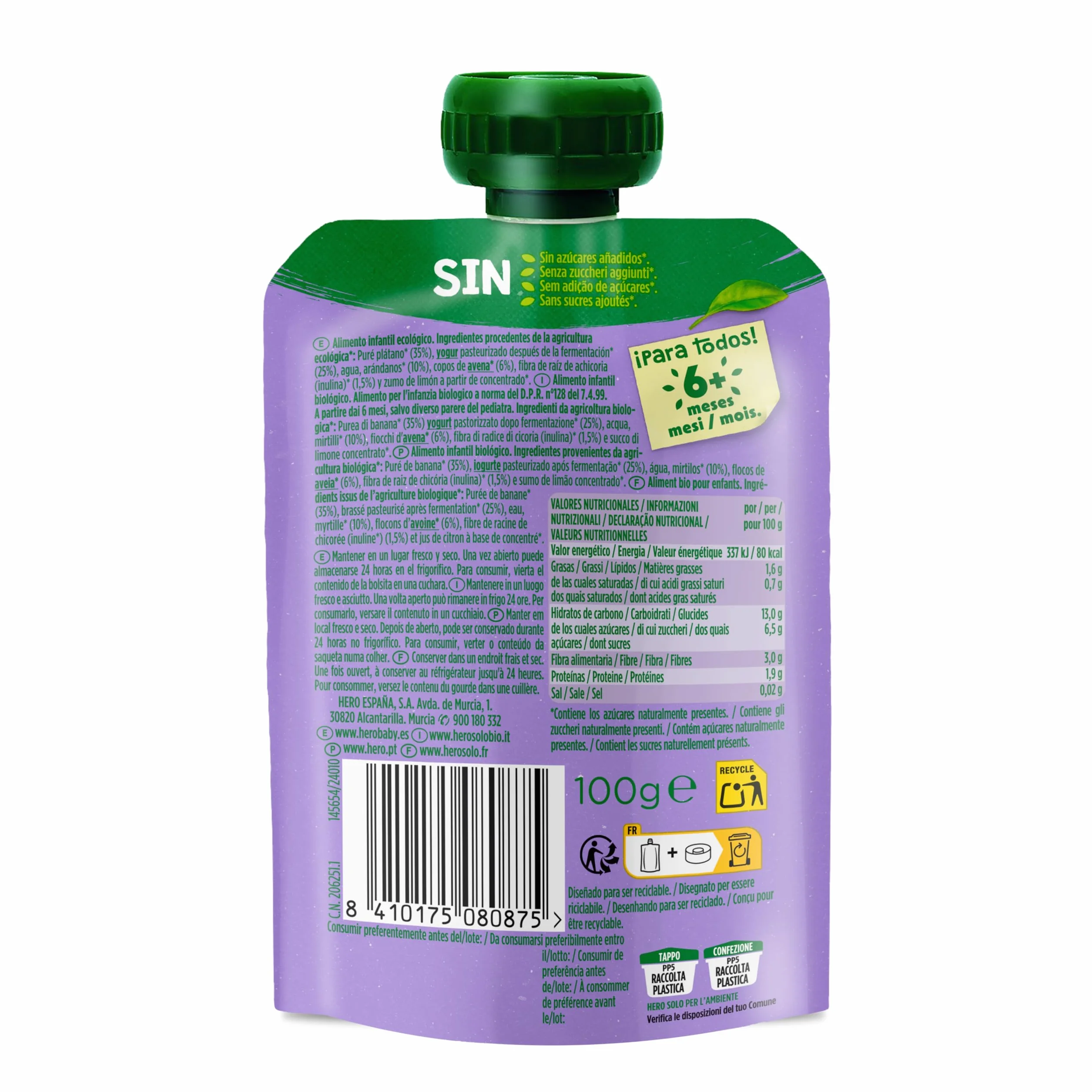 Hero Solo Bolsitas Ecológicas de Plátano Arándanos Yogur Avena Fibra Sin Conservantes Aditivos Aceite Palma Azúcares Añadidos 6 Meses Pack 18 x 100 g