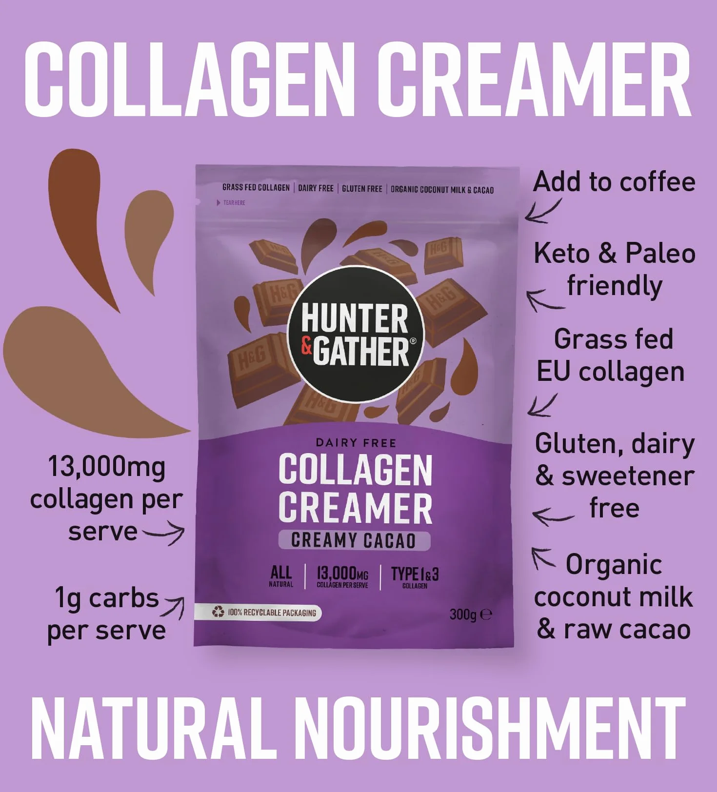 Hunter & Gather Colágeno Cacao 300g Péptidos de colágeno bovino alimentados con pasto Sin lácteos