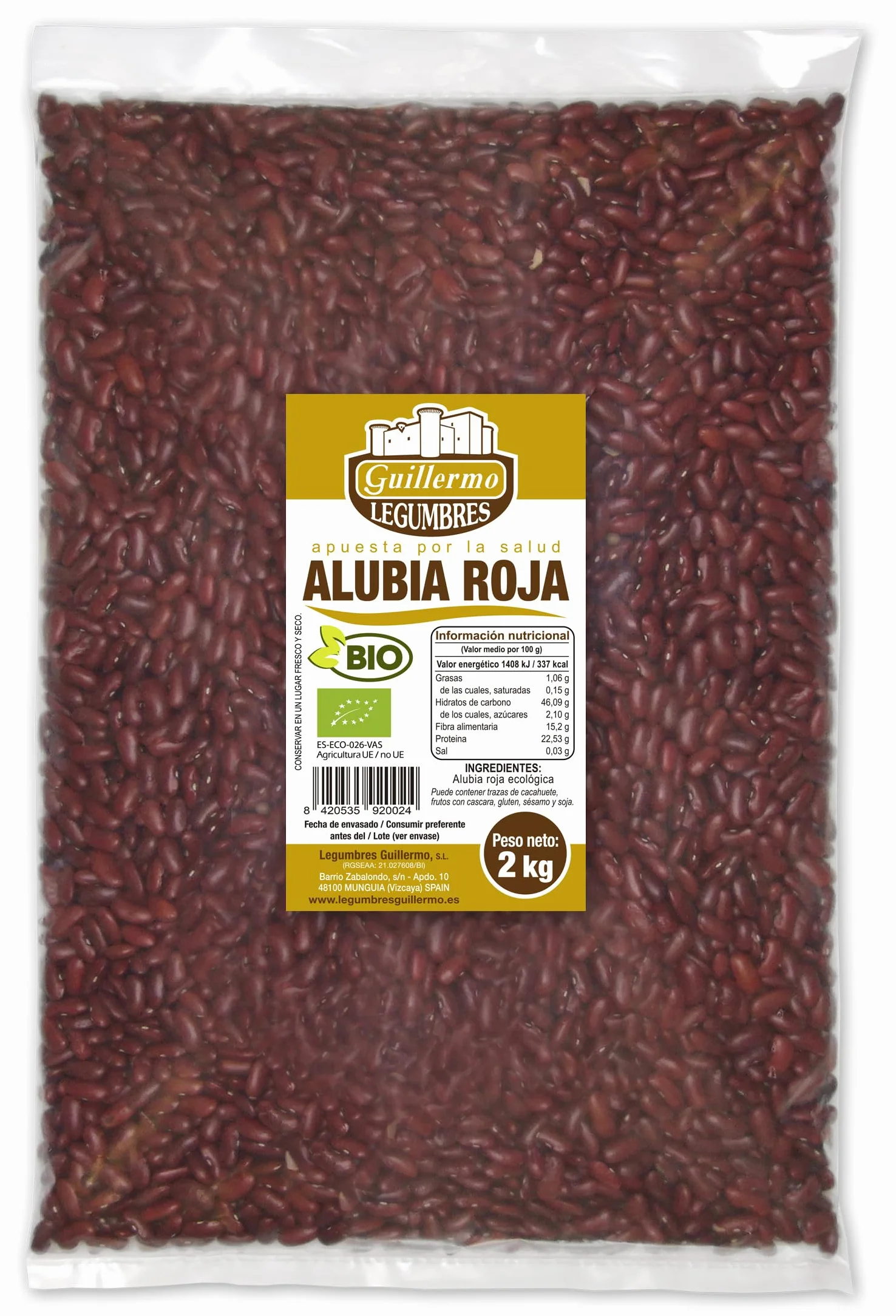 Guillermo | Alubia roja BIO - Bolsa 2kg. | 100% ecológica | Alto contenido en proteína vegetal | Ideales para guisos y potajes