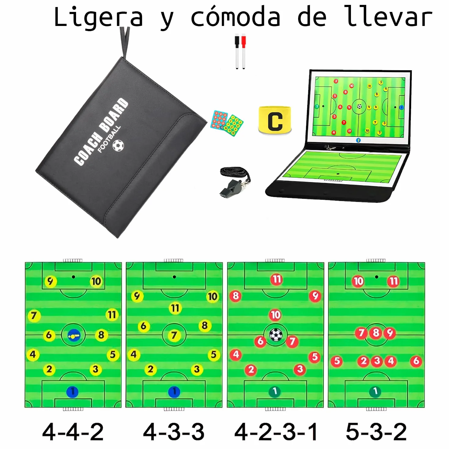 Pizarra Magnética Táctica Entrenador Fútbol con Fichas Brazalete Capitán Silbato 2 Rotuladores Cuero Negro