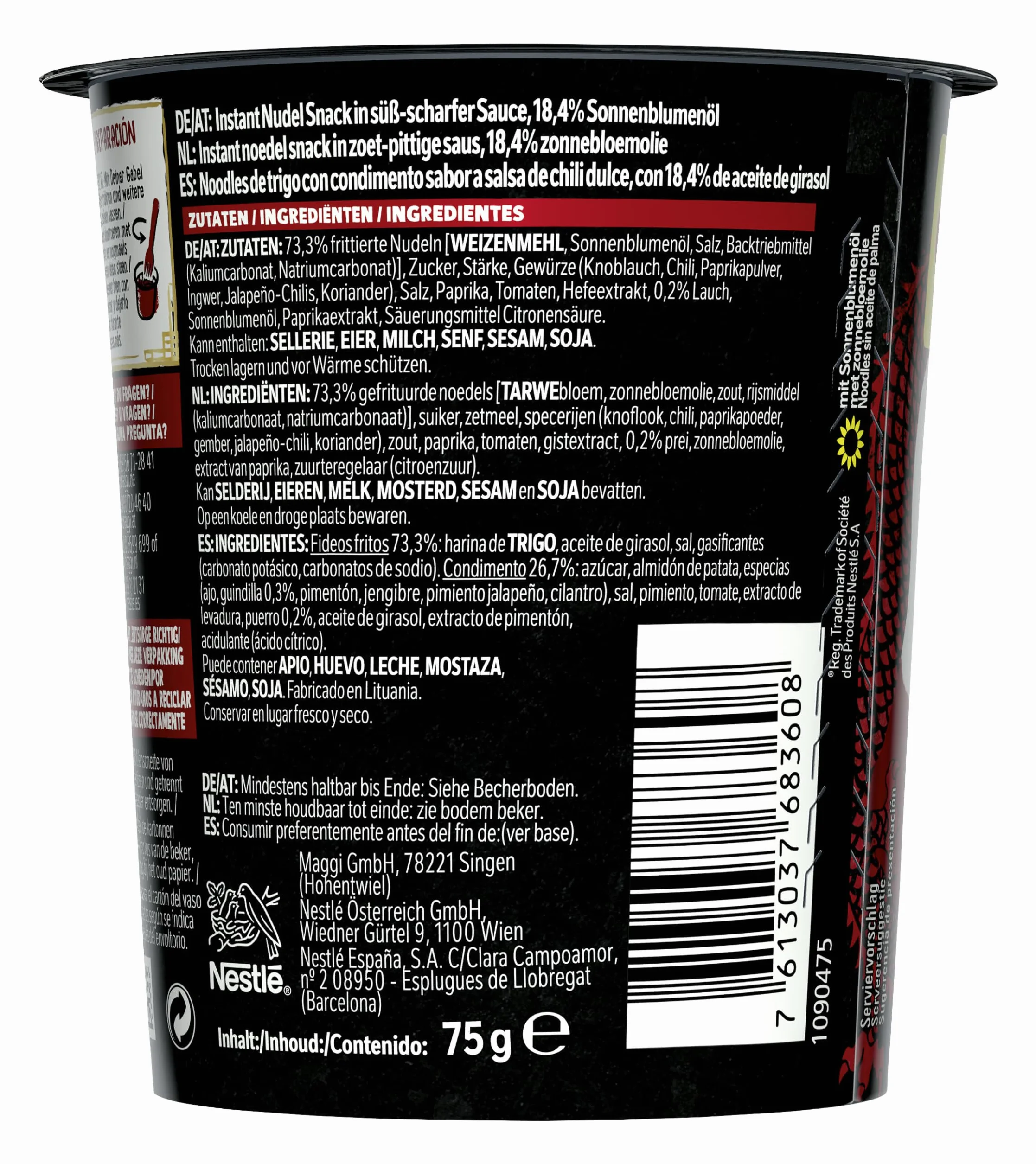 MAGGI Saucy Noodles Asia Sweet Chili Vaso - Pack de 8 x 75g
