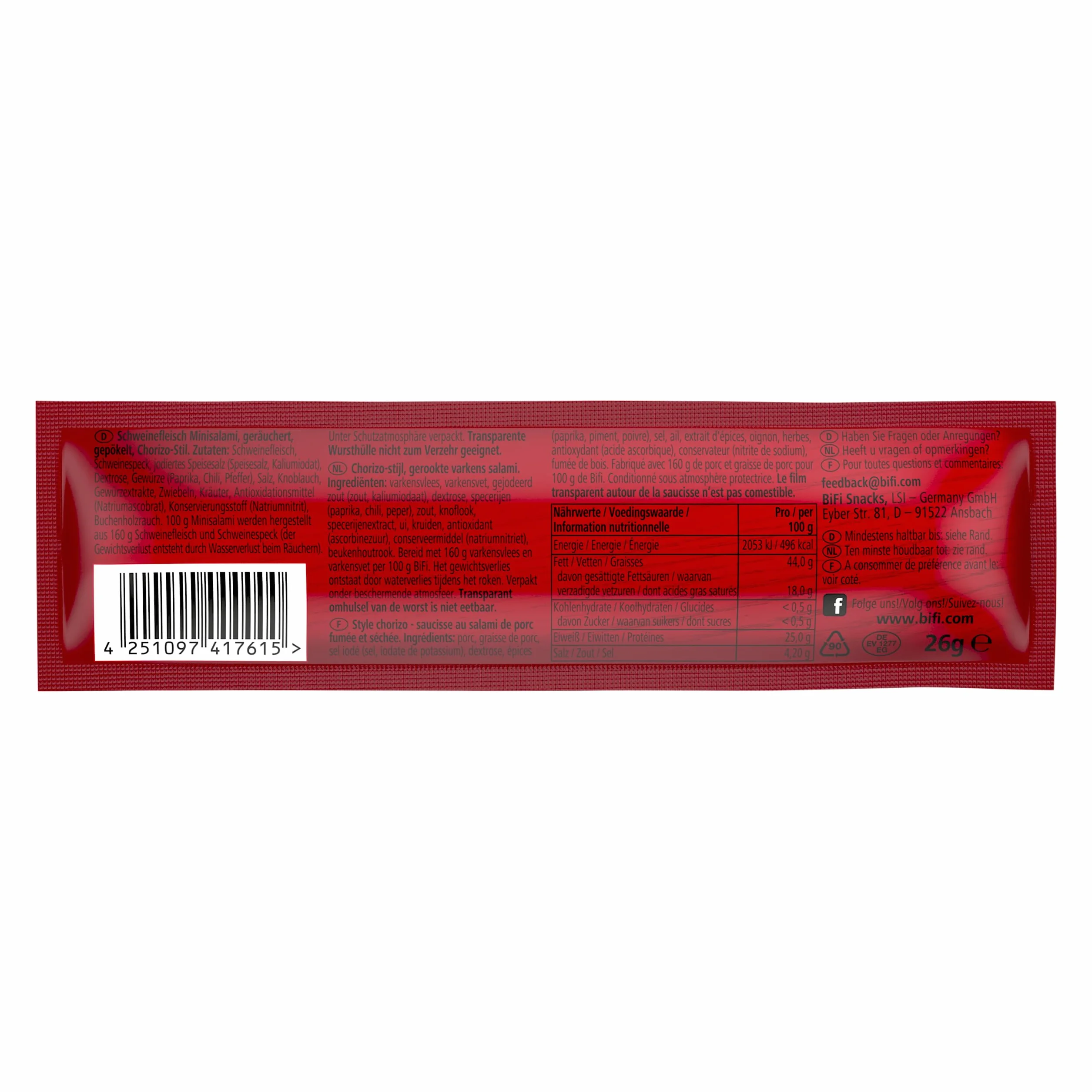 BiFi Chorizo XL Sticks - Pack 20 x 26 g, palitos de chorizo con pimentón, chile y ajo