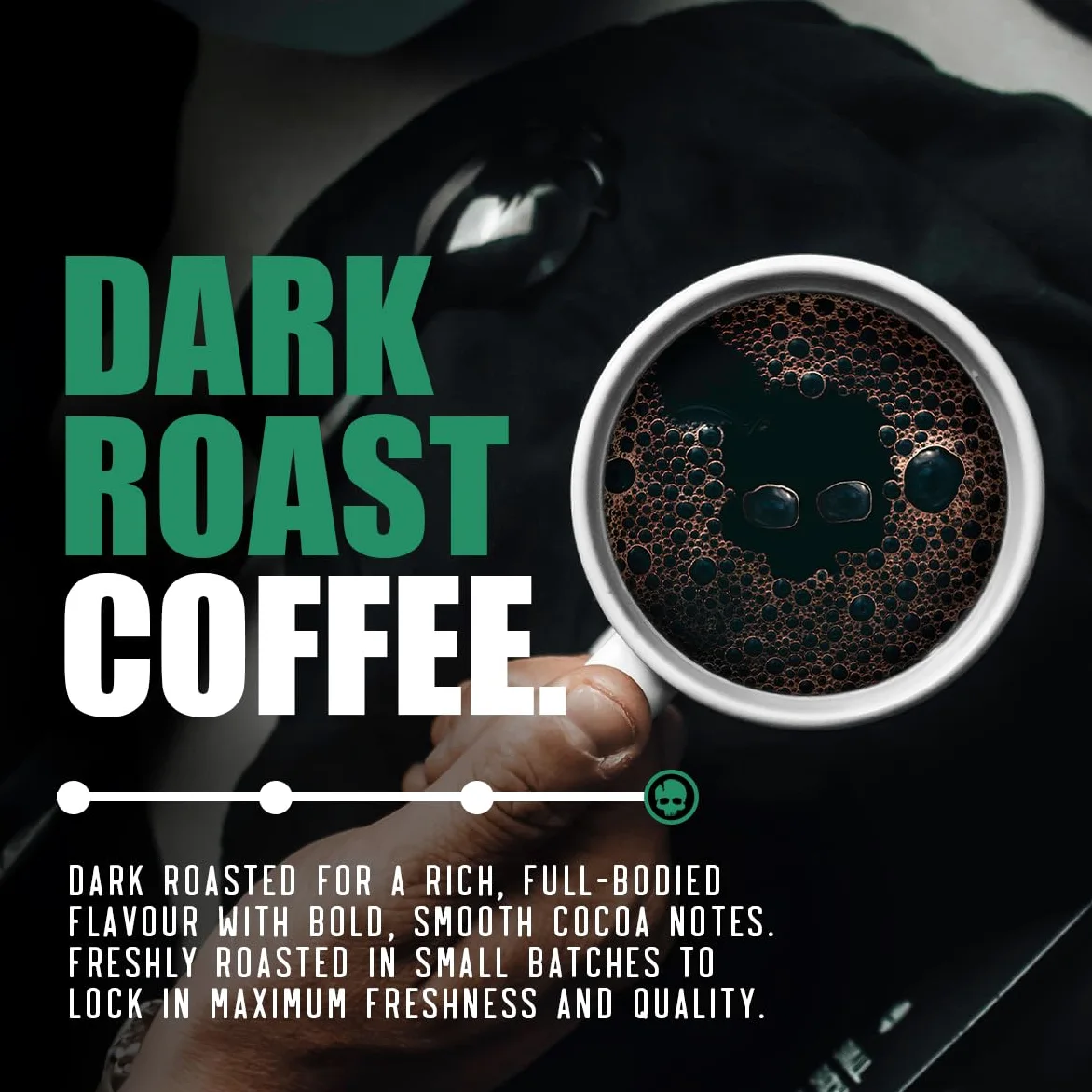 Skull Crusher Infused Ground Coffee con alta cafeína. Café molido tostado oscuro, 100% natural y certificado Rainforest Alliance. Advertencia: el café más fuerte del mundo. 500g.