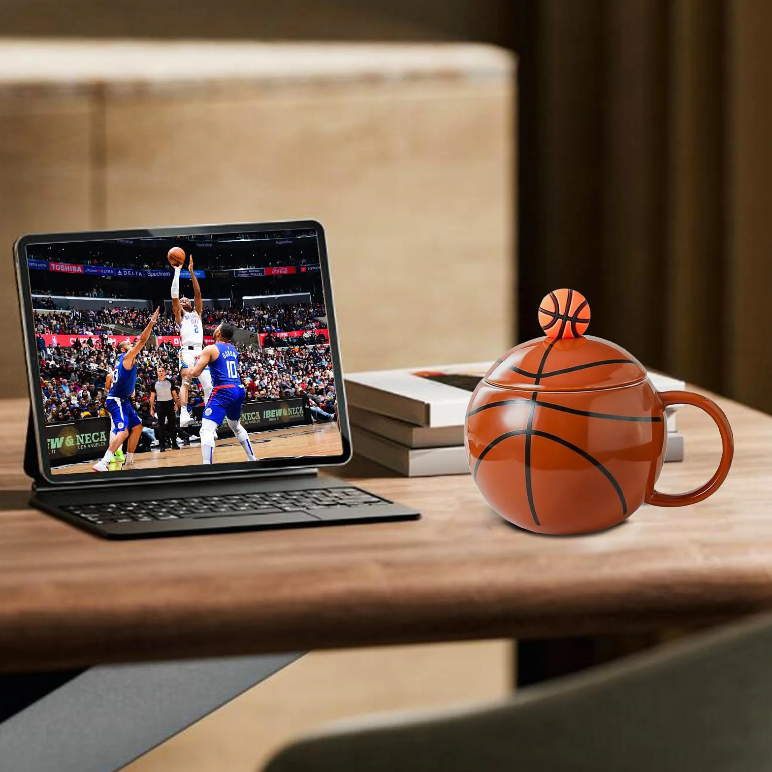 Taza de Café Baloncesto 420ml con Tapa, Divertida Taza Esférica, Mug Desayuno Creativa, Regalos Originales