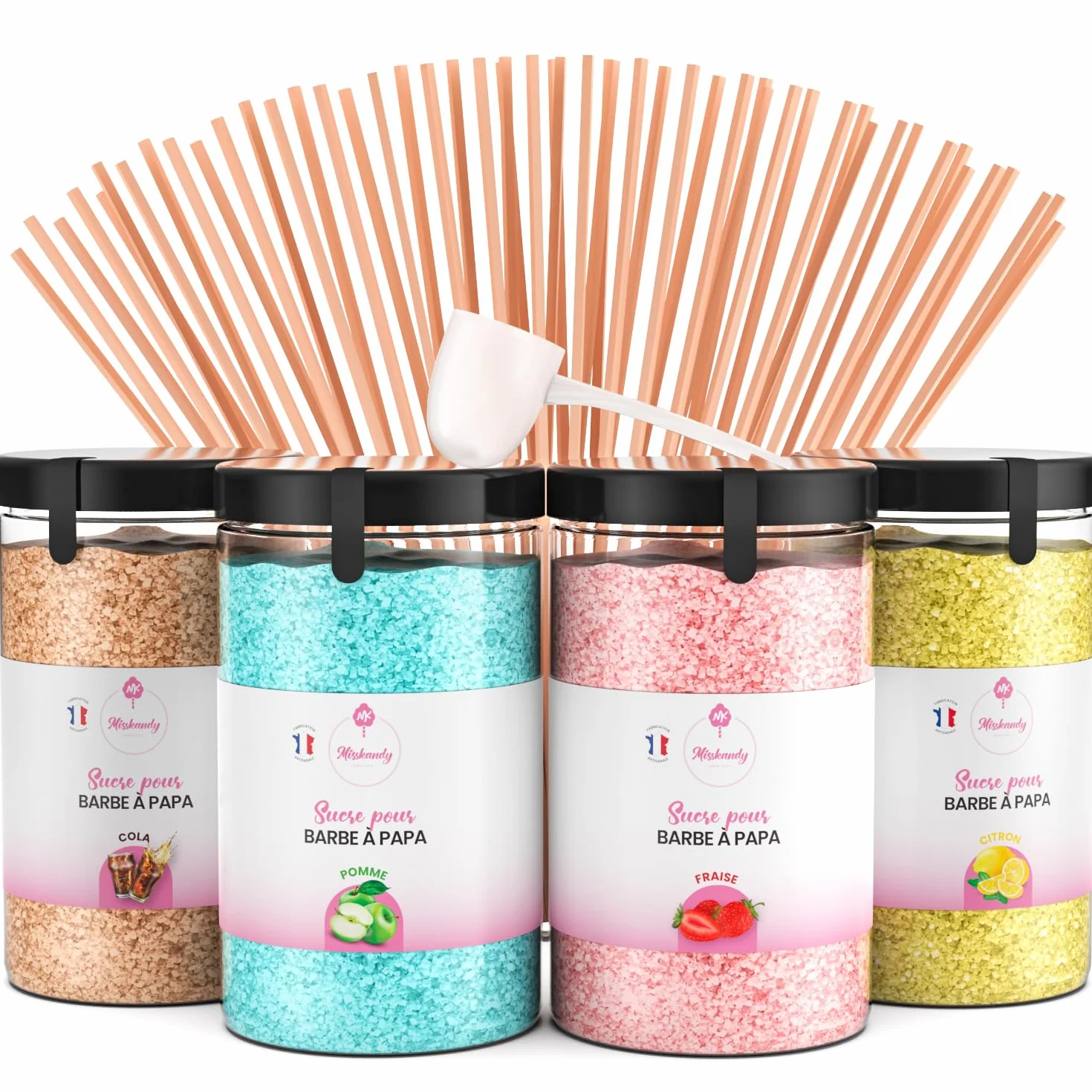Misskandy® algodón de azúcar para máquina- Pack de 4 * 240Gr - (Sabores Naturales): Sabores: Fresa/Manzana/Cola/Limón + 50 palitos (gratis)