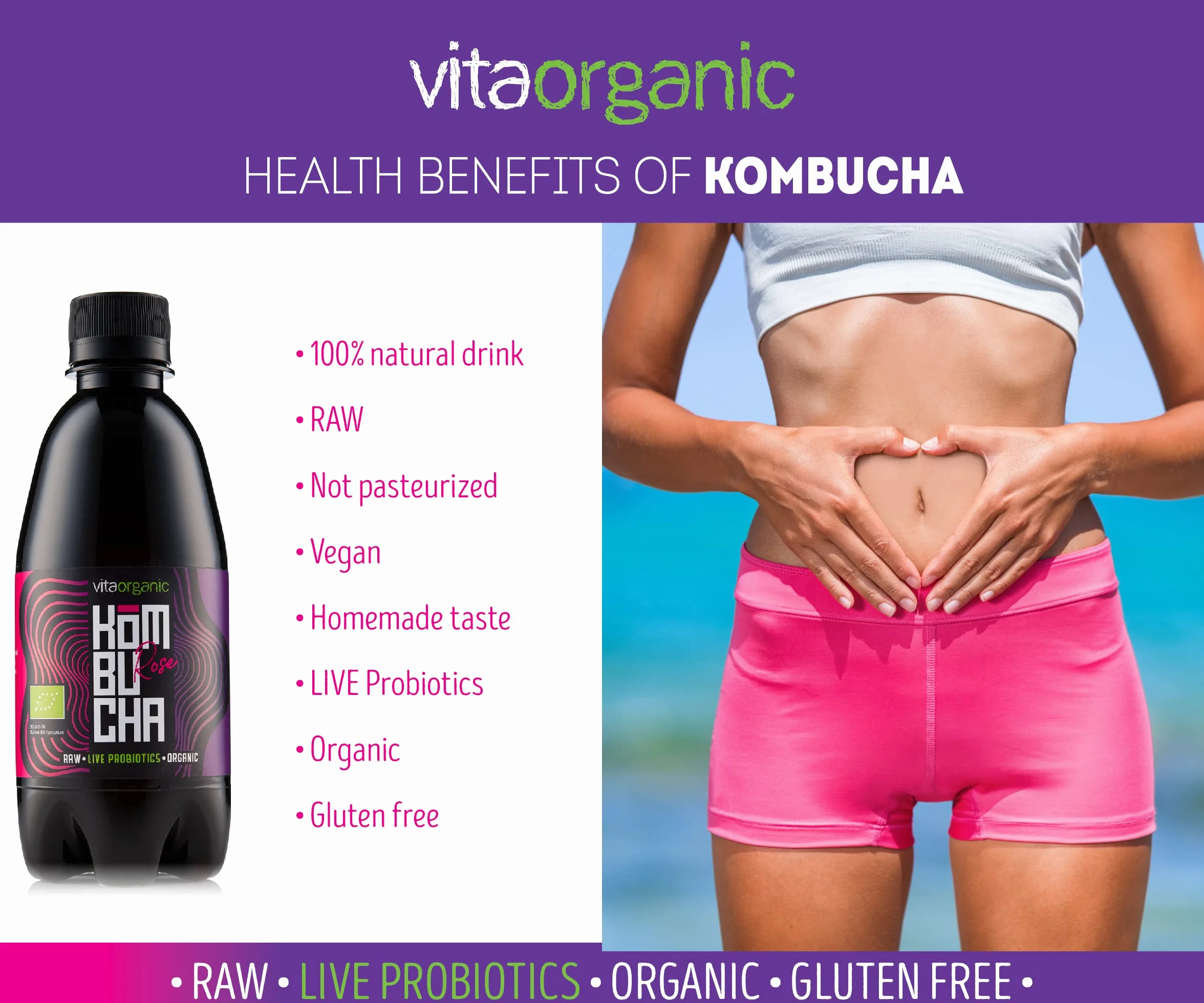 VitaOrganic Té de Kombucha Orgánico 330ml – Té Verde Espumoso con Cultivo de Kombucha Natural Viva – Bebida Fermentada Naturalmente y 100 % Orgánica