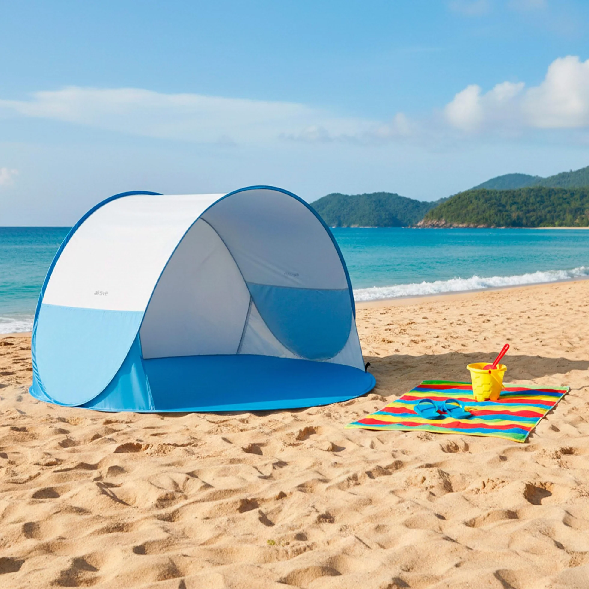 AKTIVE Tienda Playa Pop up 148x148x90 cm Azul Protección UV50 Poliéster Paravientos Plegable Bolsa Transporte