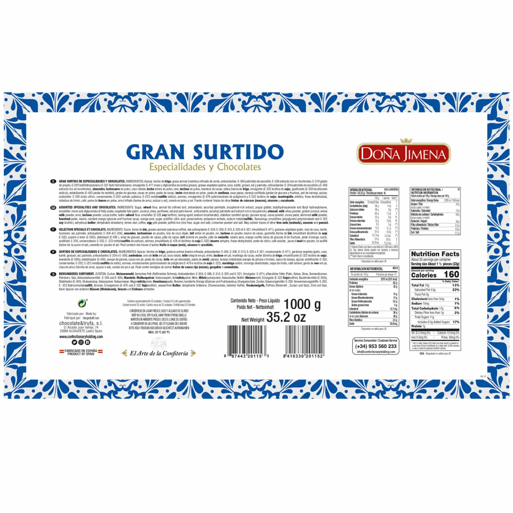 Doña Jimena Gran Surtido de Dulces Tradicionales 1000 Gramos, Especialidades y Chocolates Mini Pralinés Sabores Variados, Típico Dulce Navideño Receta Artesanal