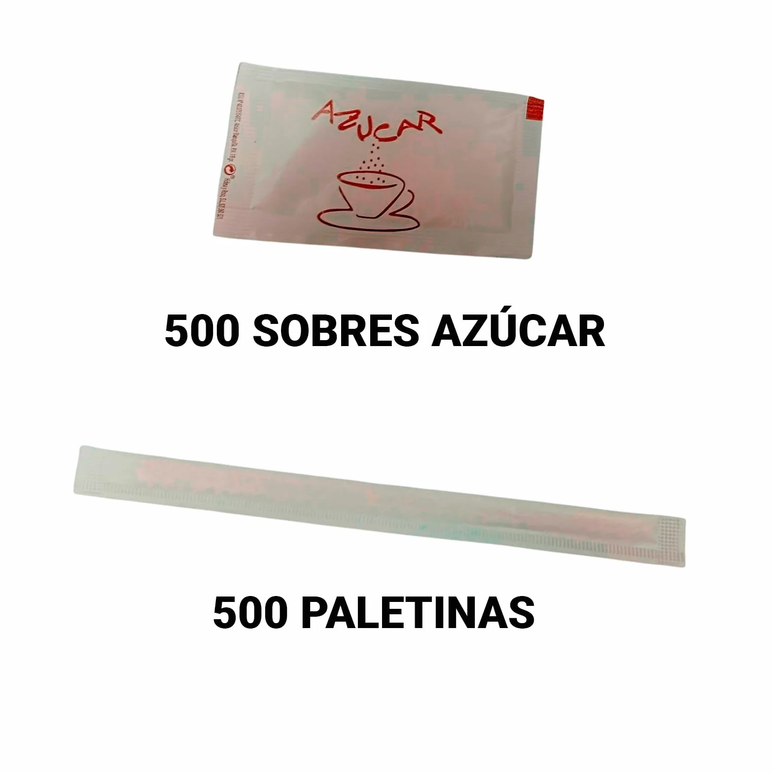 ADRI 500 Sobres de azúcar y 500 cucharillas paletinas de madera envueltas individualmente para remover, pack de 500, cada sobre 6 gr y las palas de 14 cm