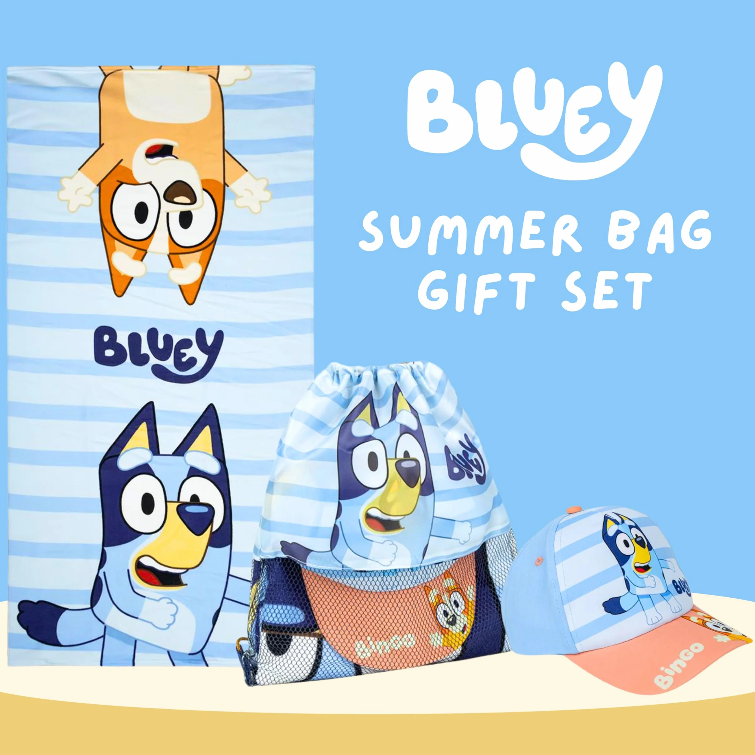 Bluey Gorra de Beisbol Toalla y Mochila Saco Cuerdas Cordón Set 3 Piezas Infantil
