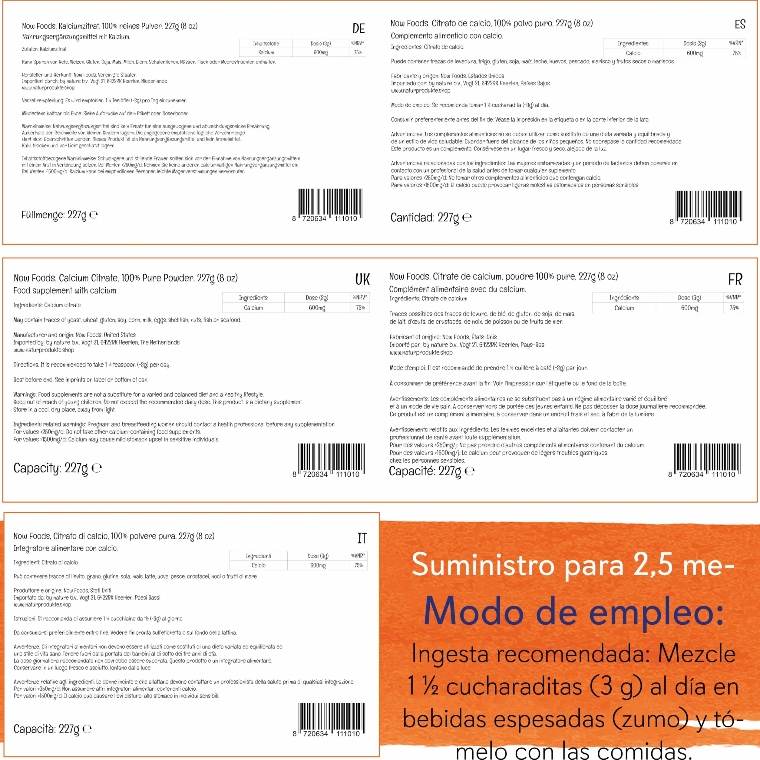 Now Foods, Calcium Citrate, Polvo Puro, 227g, Probado en Laboratorio, Calcio, Sin Soja, Sin Gluten, Vegetariano