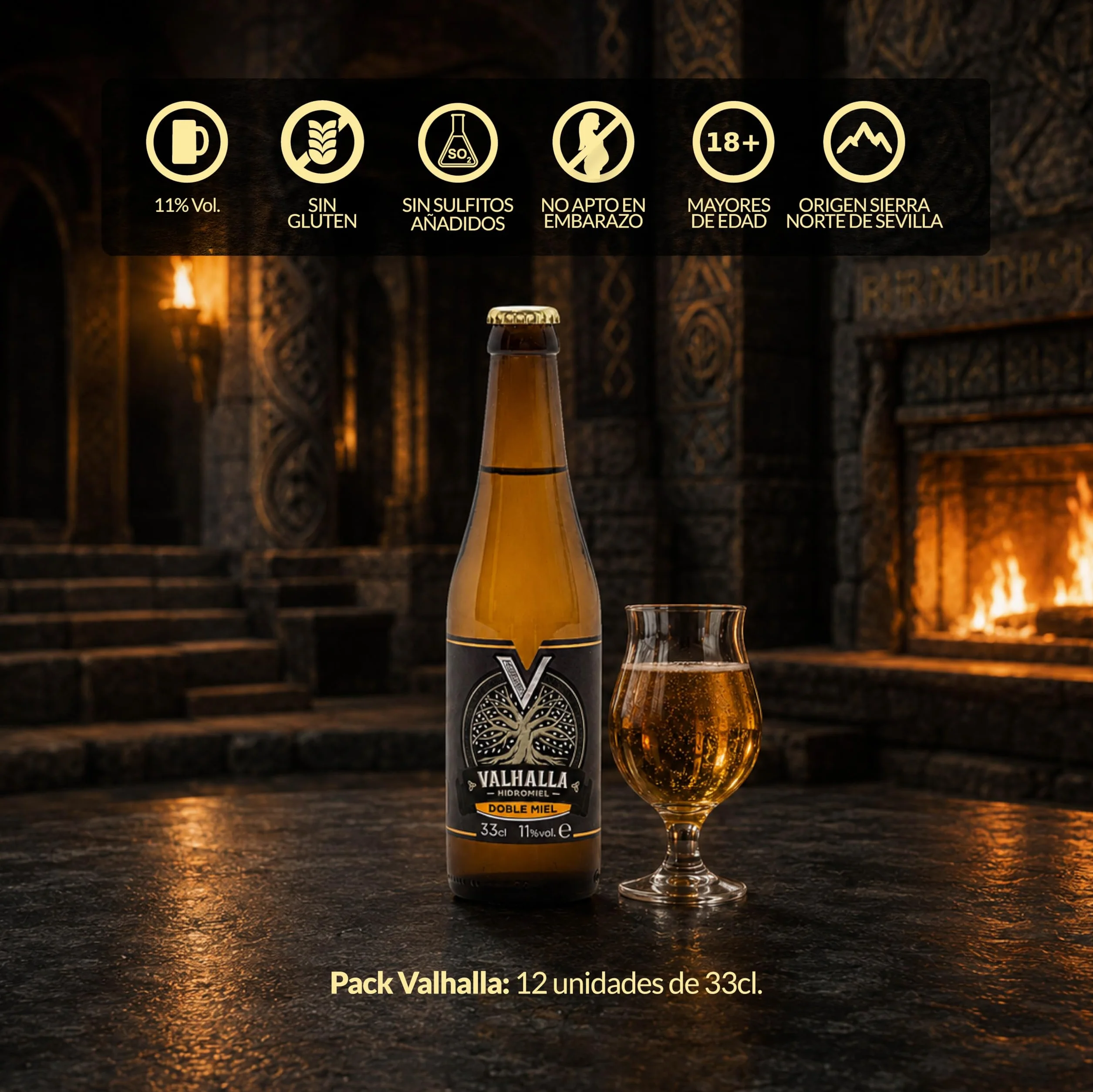 Valhalla Hidromiel Doble Miel | Cerveza Artesanal Estilo Show Mead Dulce | Bebida Natural con Aroma de Higos Pasas y Flores | Caja 12 Botellines 33cl | Sin Gluten ni Sulfitos | 11% Grados Alcohol