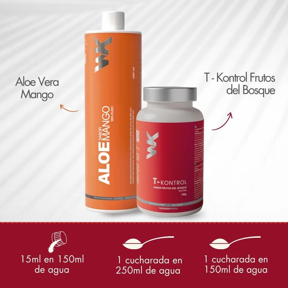 Weekontrol Pack Depurativo de Aloe Vera Puro para Beber 99%+Té Quemagrasas Potente. Set Depurativo Alóe+Te Detox, Limpieza, Digestión y Control de Peso (700Gr, Aloe Mango-Té Frutos del Bosque)
