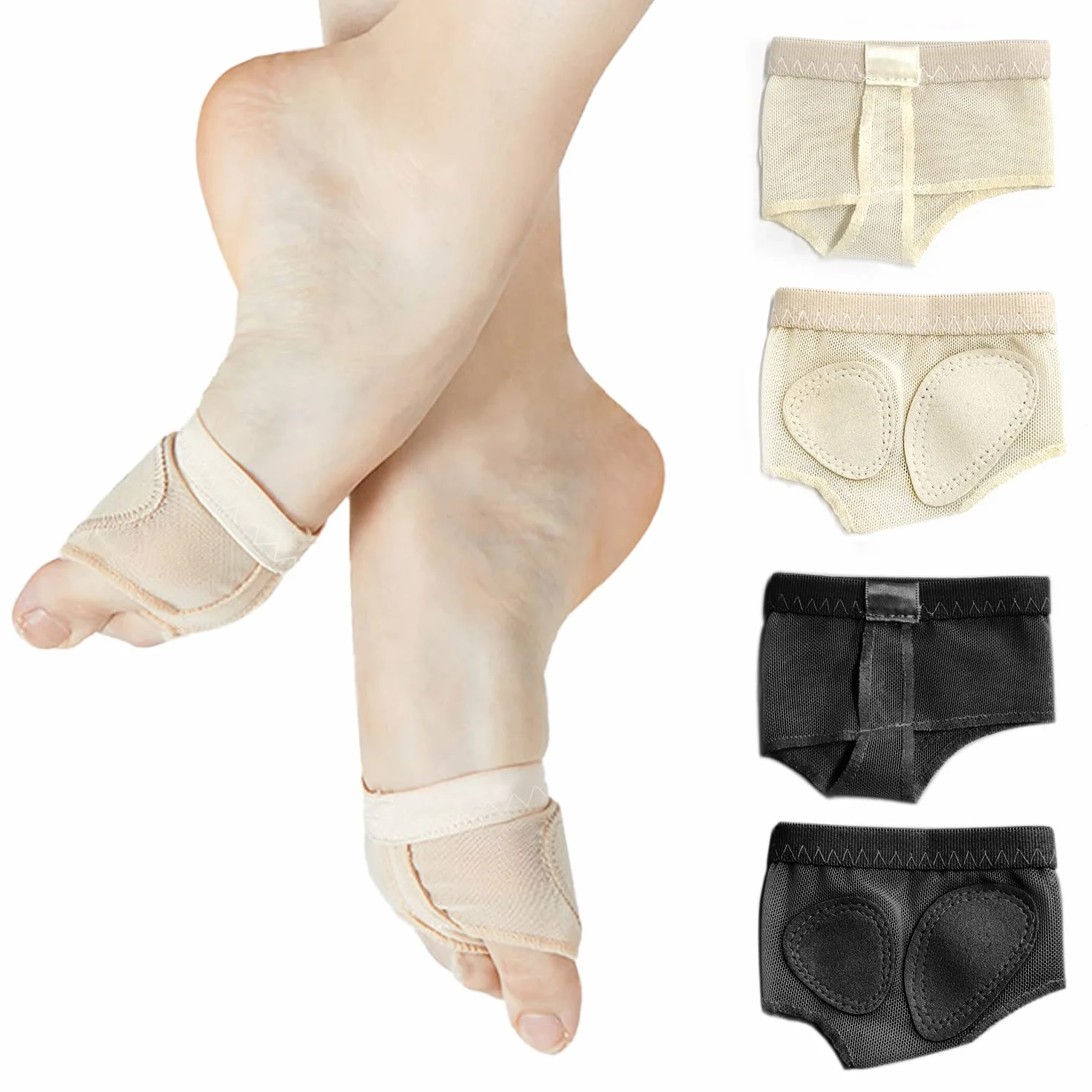 Tanga de pie de ballet paquete de 2, calcetines de apoyo para almohadilla de dedo, negro y tono de piel