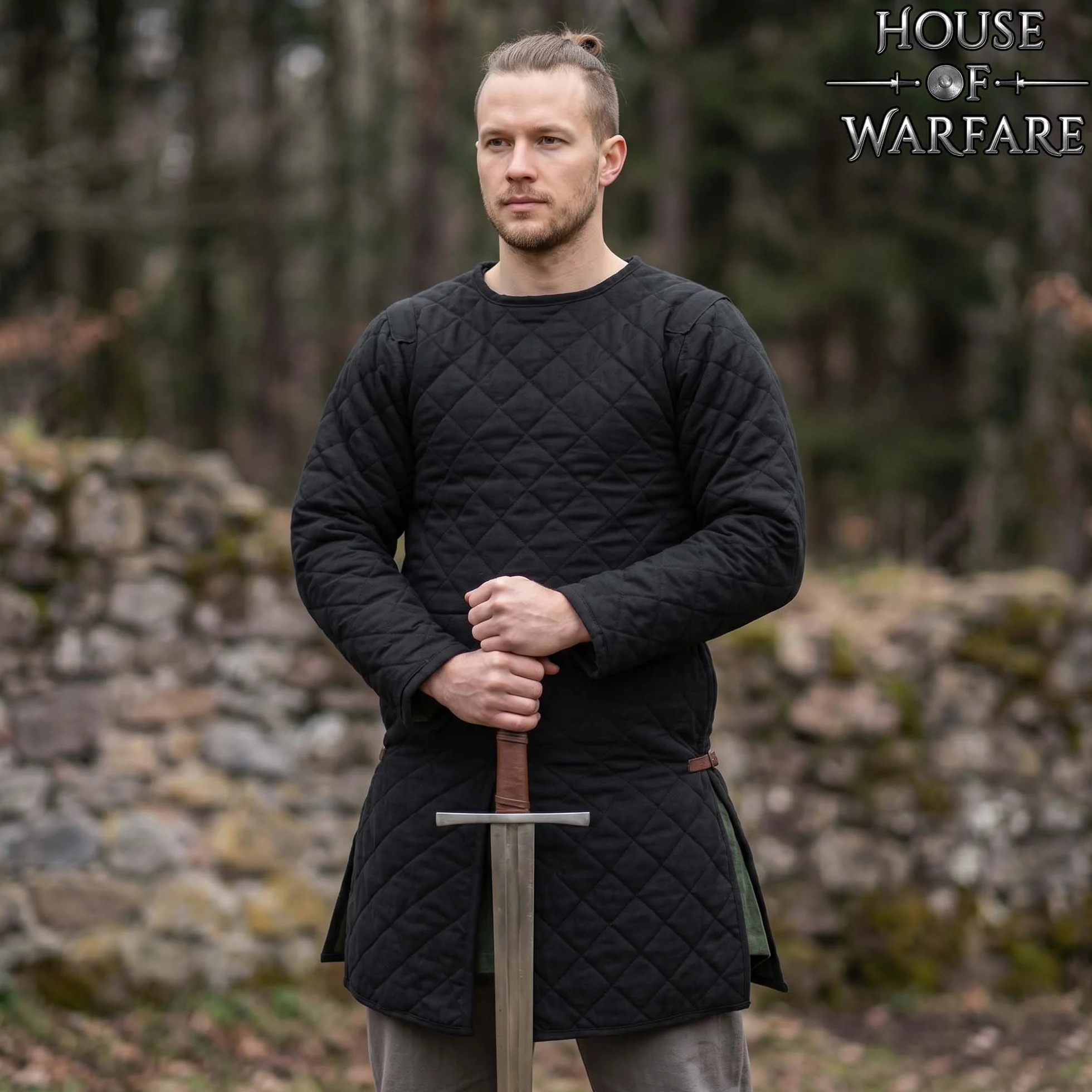 Medieval Gambeson acolchada manga completa dos capas LARP negro XXL
