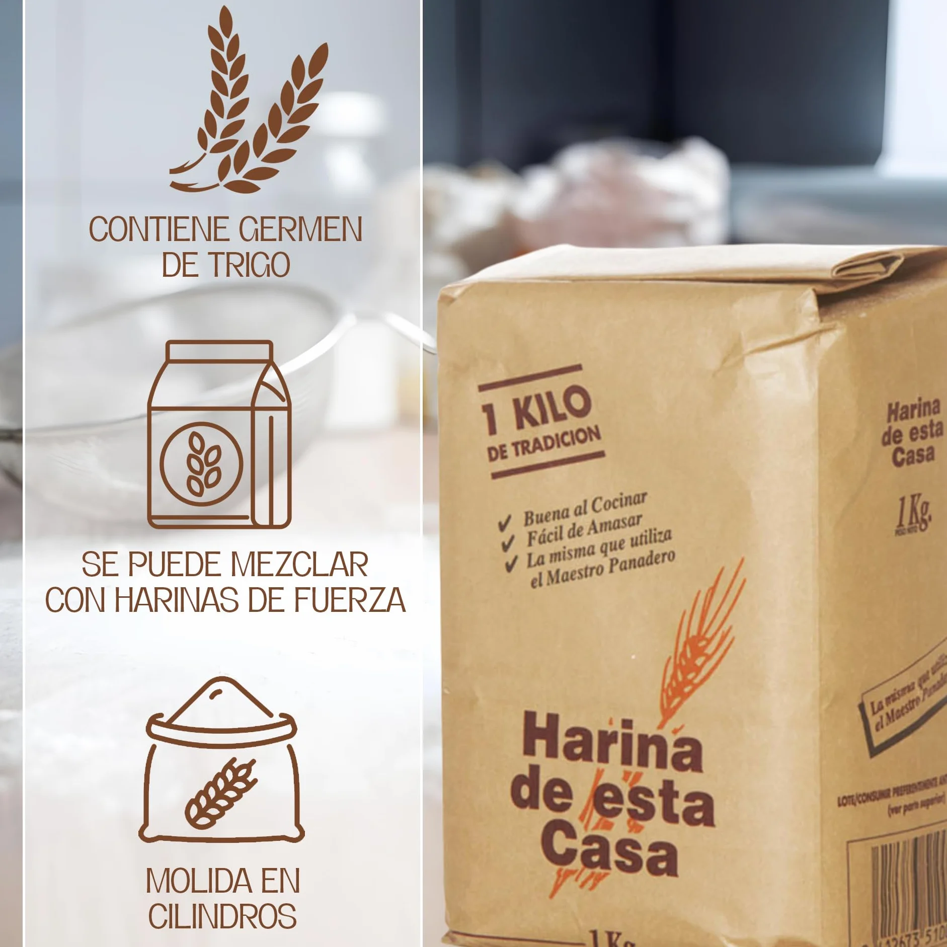 Harina de esta Casa | Harina De Trigo Suave 1 Kg | Con Todo el Germen del Trigo | Ideal para Bizcochos y Galletas | Absorción de Agua Baja |Mezclable con Harina de Fuerza para Masas de Pizzas