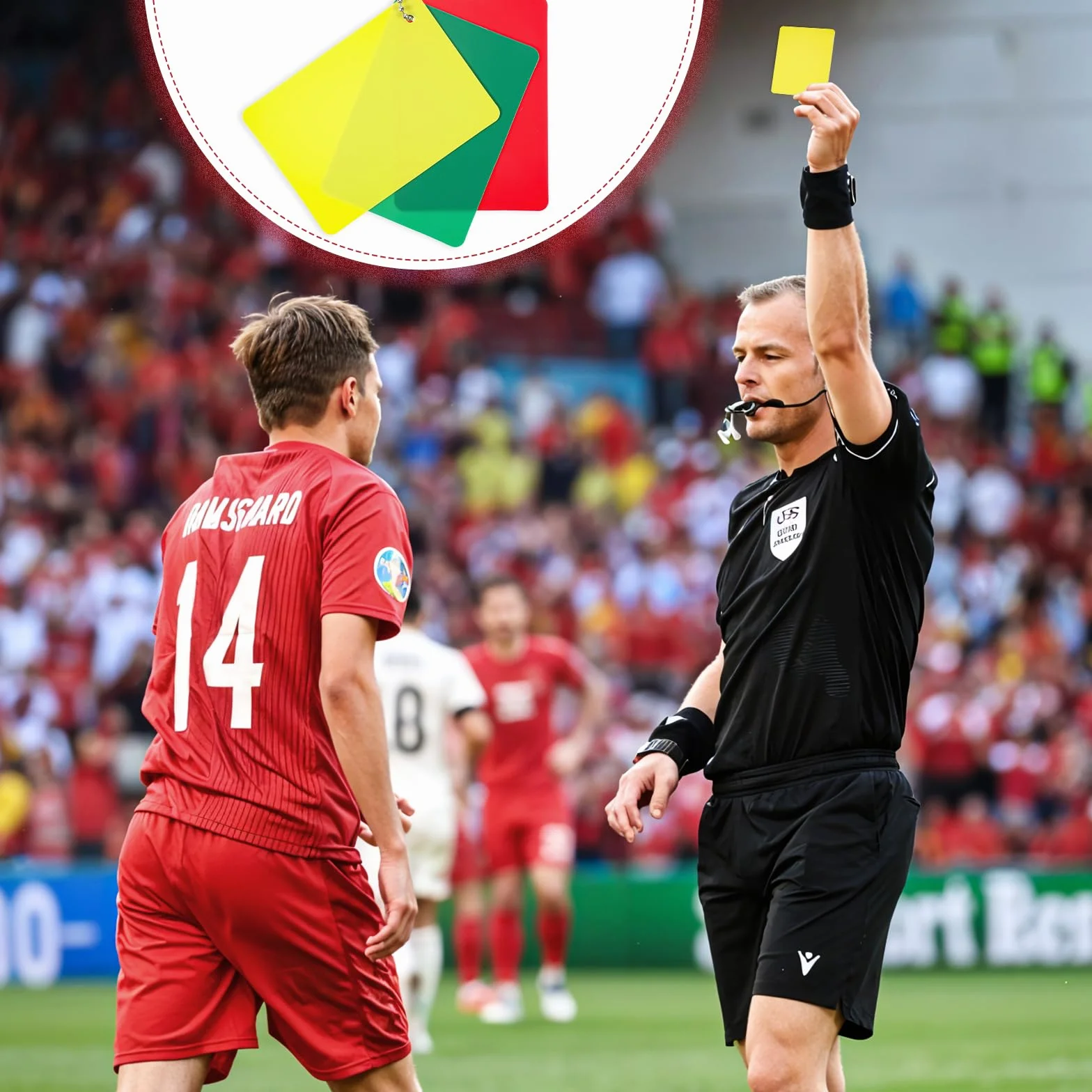 Tarjetas de fútbol verde, rojo y amarillo para árbitro penales, advertencia, expulsión