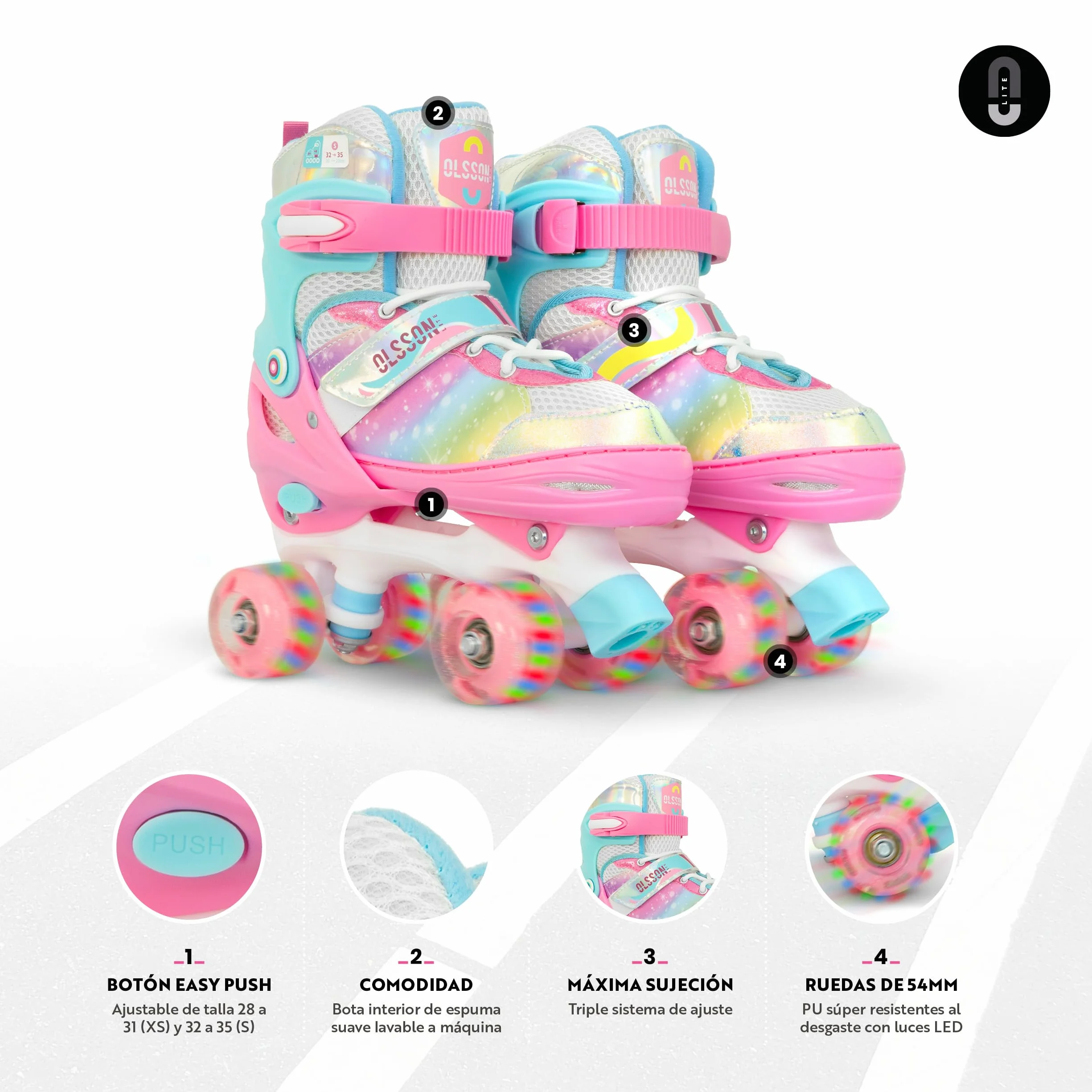 Patines OLSSON Blossom Niños 4 Ruedas con Luces ABEC 7 Carbono Talla Ajustable 28-35