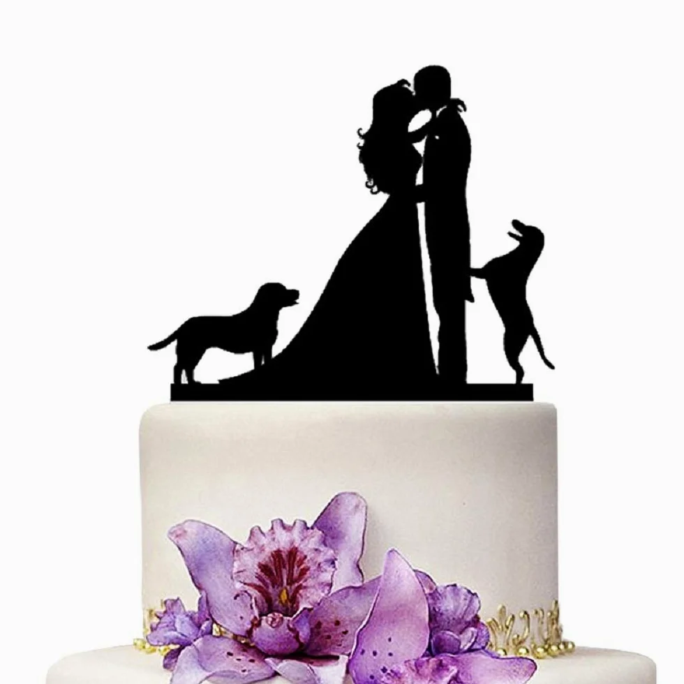 Decoración para tarta de boda con diseño de perros, acrílico negro, decoración para tarta de compromiso y boda con novia y novio