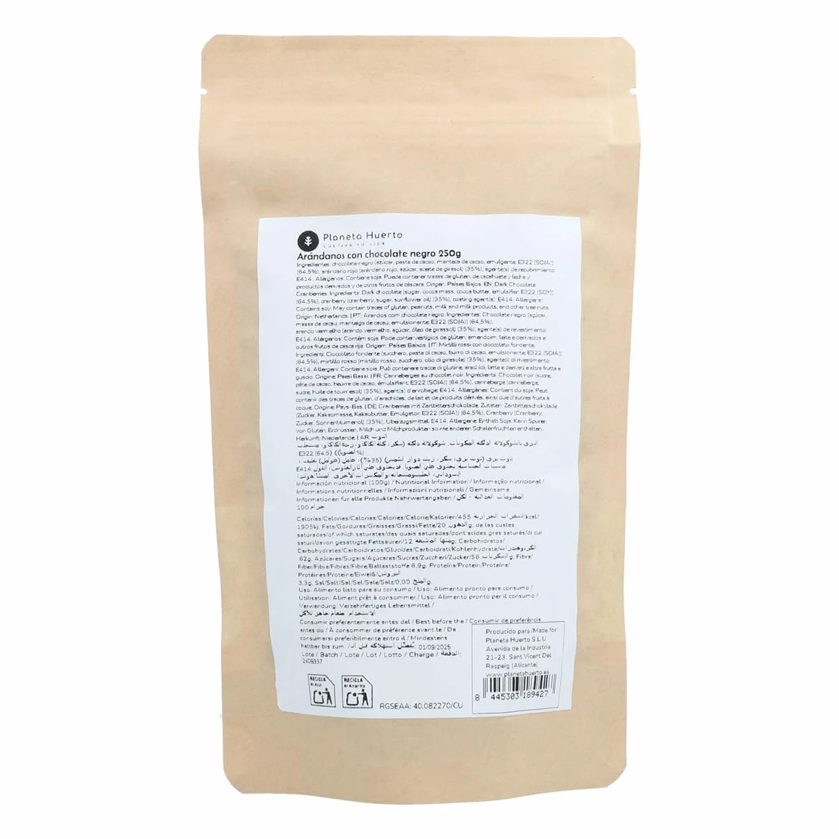 PLANETA HUERTO | Arándanos con Chocolate Negro 250g – Arándanos Snack Saludable de Fruta Deshidratada Recubierta con Chocolate Amargo, Rico en Antioxidantes y Sabor Intenso