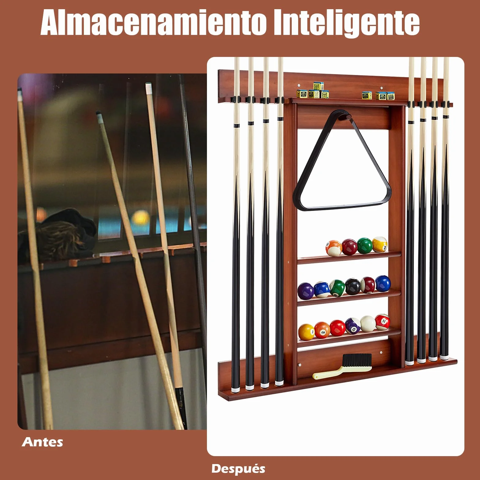 GYMAX Soporte para Tacos de Billar de Madera de Pino, para 8 Tacos, 15 Bolas y Accesorios