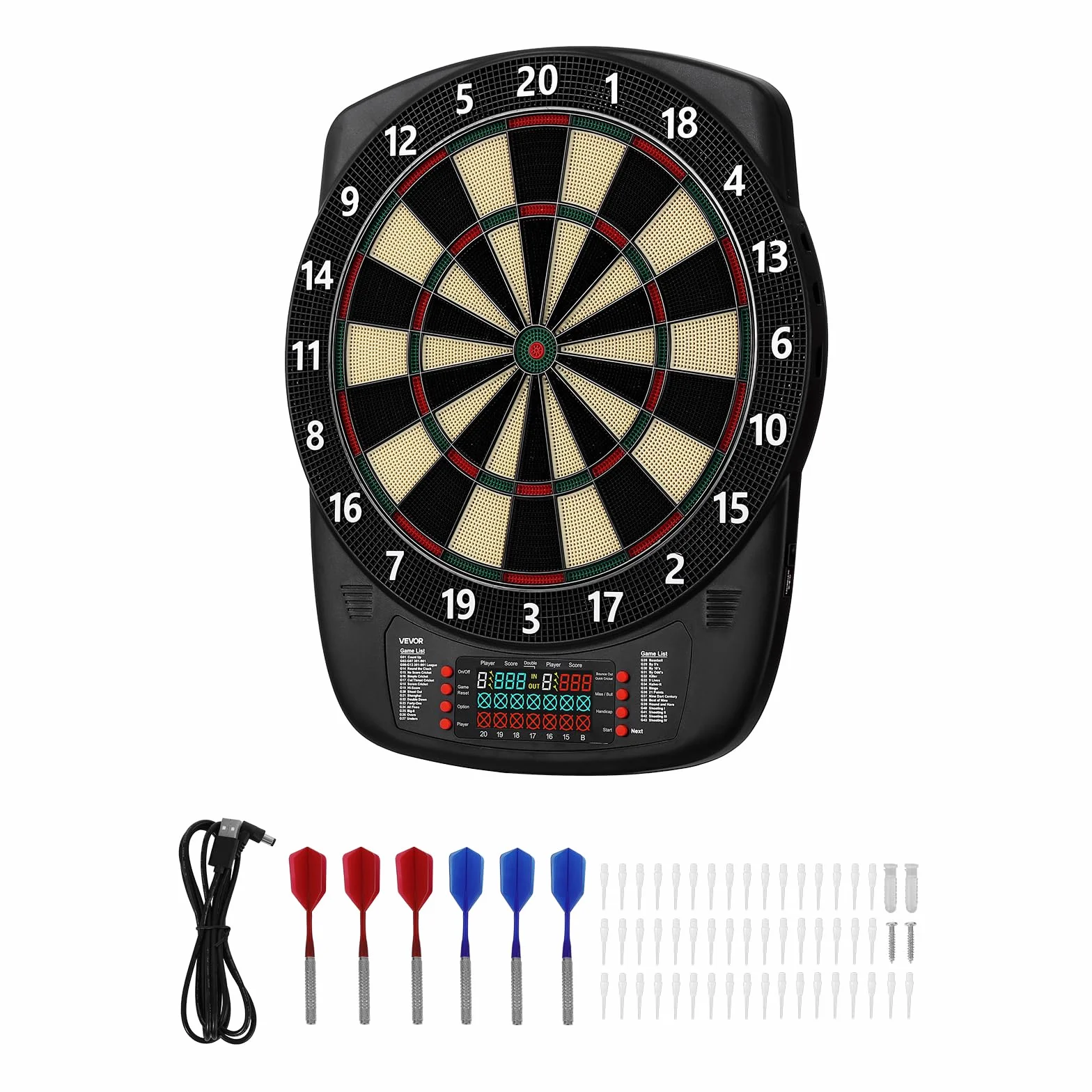 VEVOR Diana Electrónica 43 Juegos 200 Variantes 8 Jugadores 6 Ejes Dardos Marcador LCD PP ABS 517 x 424 x 30 mm