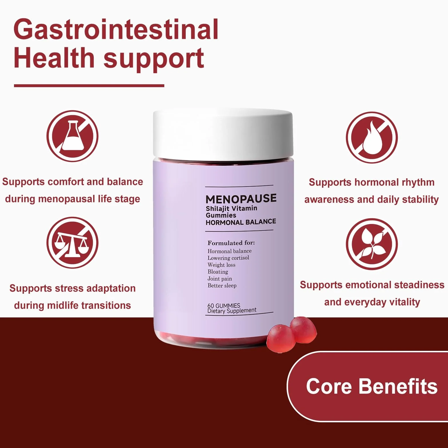 Gomitas De Equilibrio For Mujeres For Apoyo Hormonal Y Aumento Energía, Comodidad Natural For La Menopausia, Delicioso Sabor A Bayas, Bienestar Diario, 60 Unidades(1PCS)