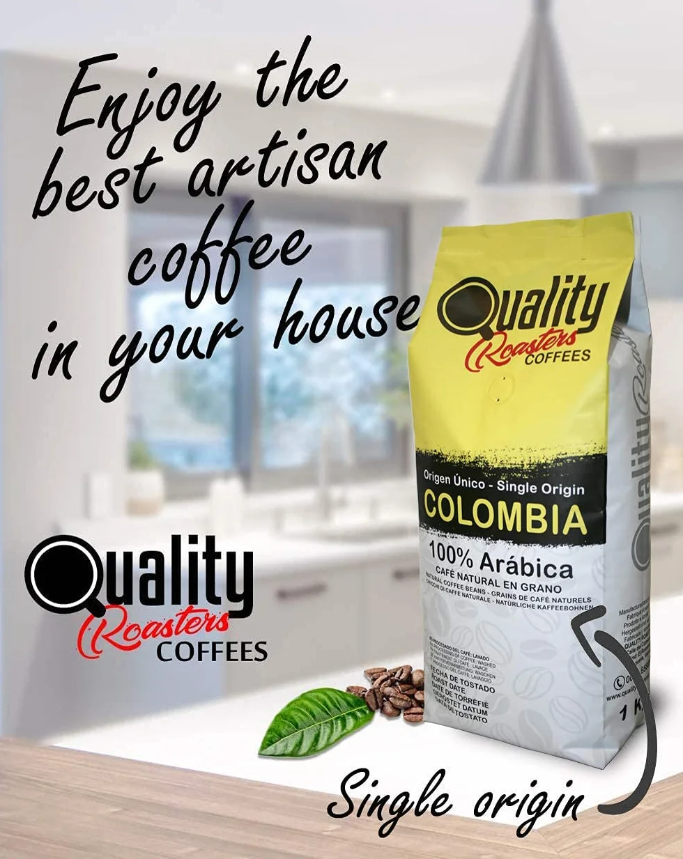 Café en grano natural. 100% Arabica. Origen único Colombia, Tostado artesanal. Tueste Medio. 1Kg