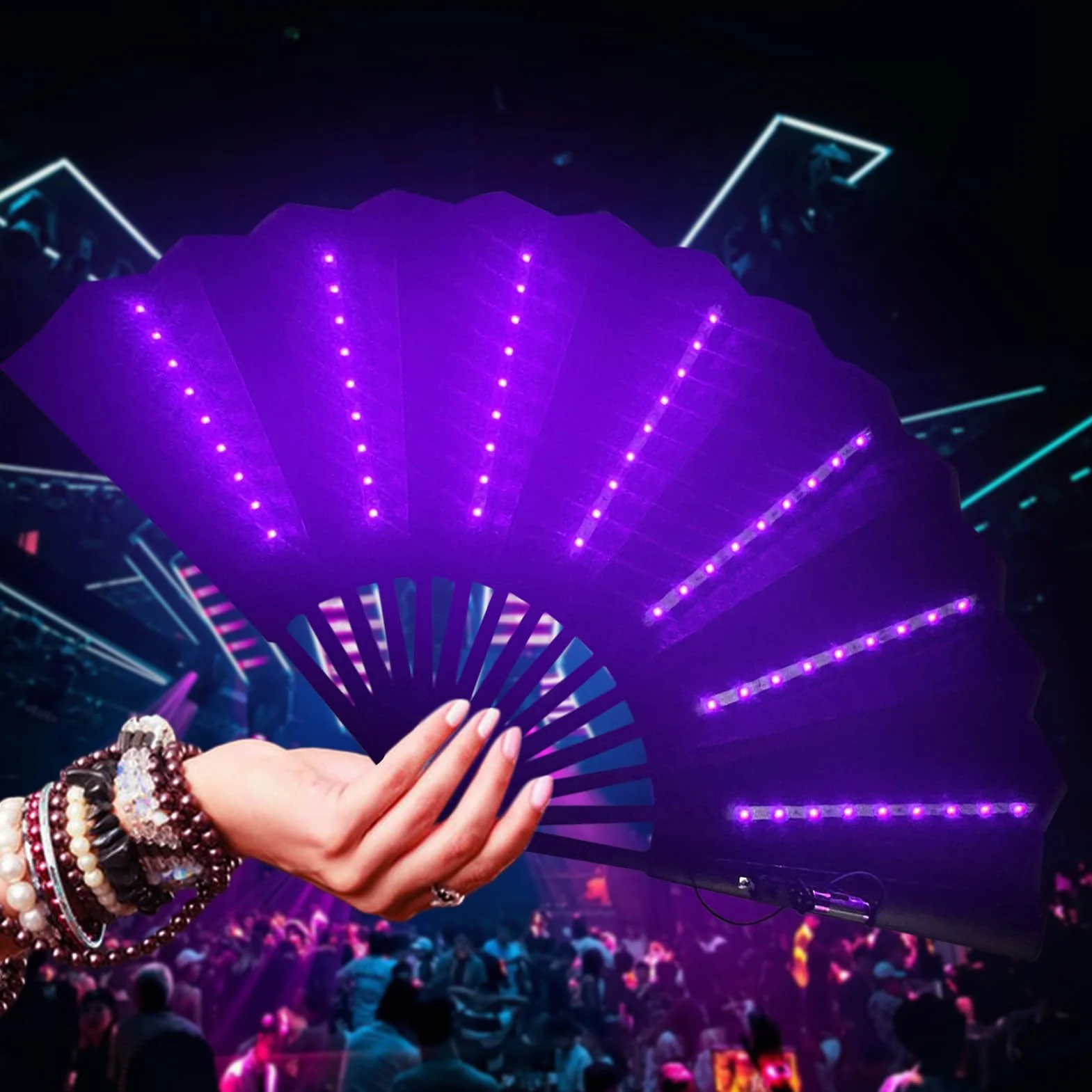 Ventilador de mano plegable LED portátil con luz, ventilador a pilas para festivales (morado)