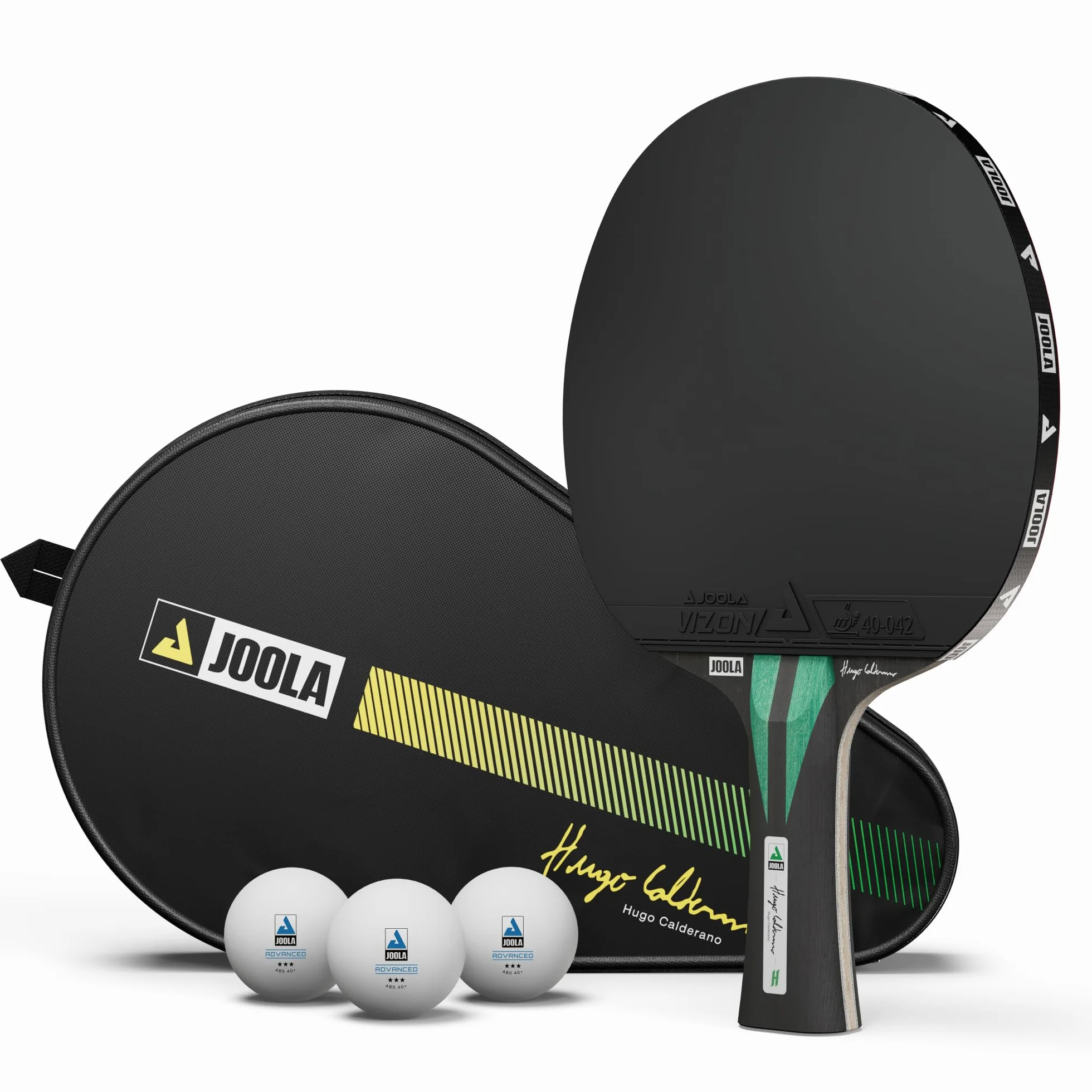 JOOLA Hugo Calderano Carbon Raqueta de Ping Pong con Funda y 3 Pelotas, Aprobado ITTF, Negro y Verde