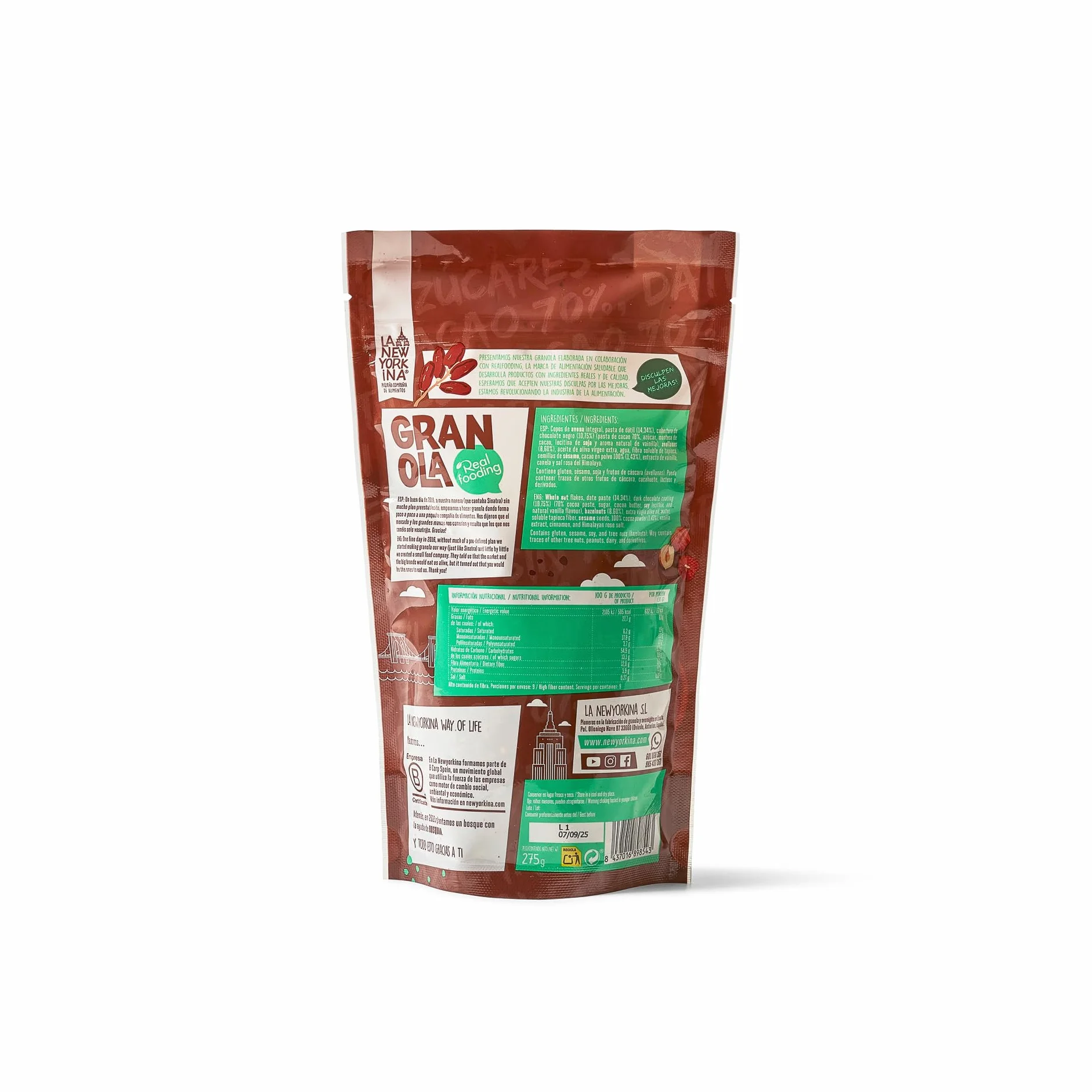 La Newyorkina Granola Real Fooding Con Cacao 70%, Avellanas y Pasta de Dátil