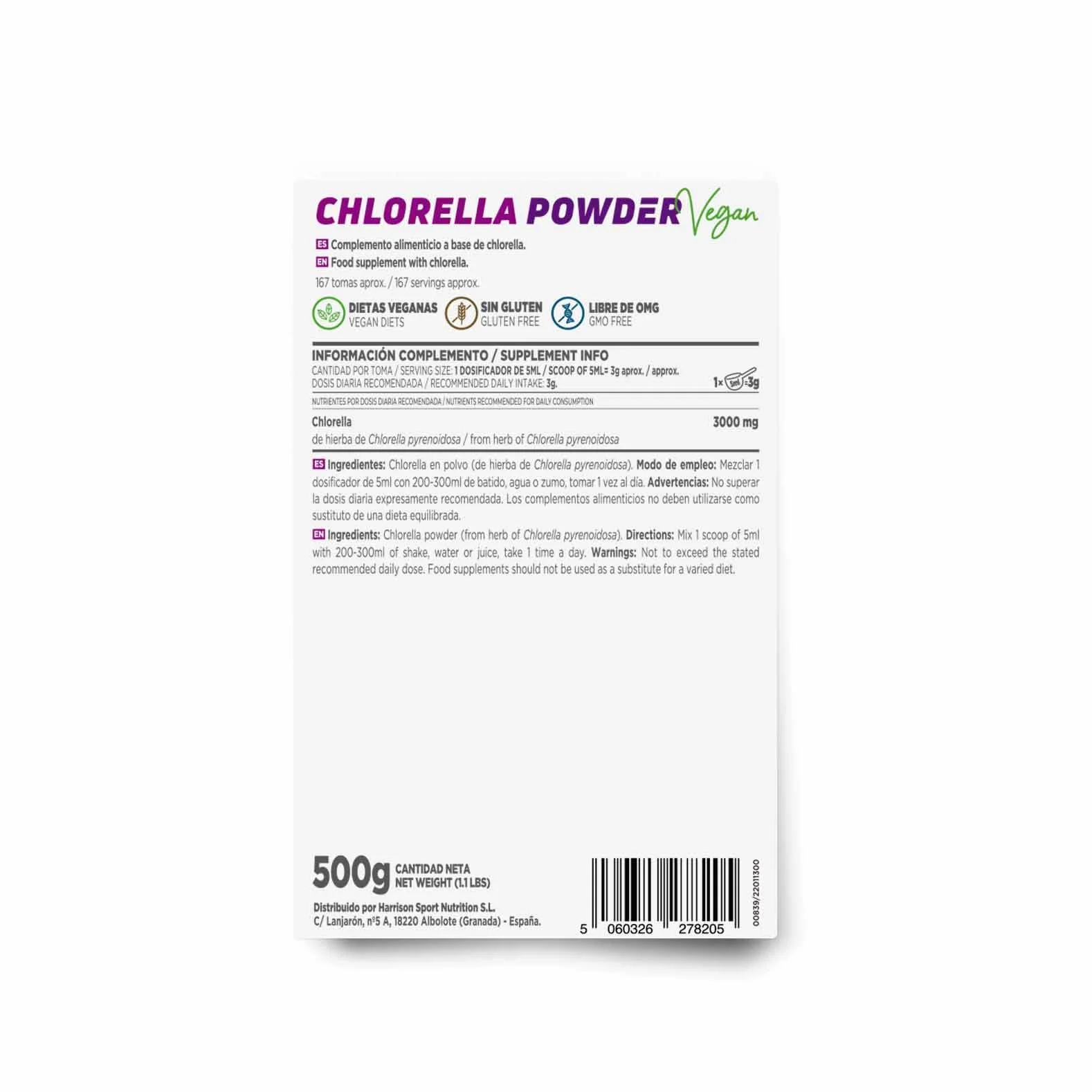 HSN Chlorella en Polvo | 500 g = 167 tomas por envase 100% Pura Alga Chlorella Pyrenoidosa Rica en Clorofila | Fuente de Vitamina B12 + Fibra + Minerales | No-GMO, Vegano, Sin Aditivos, Sin Gluten