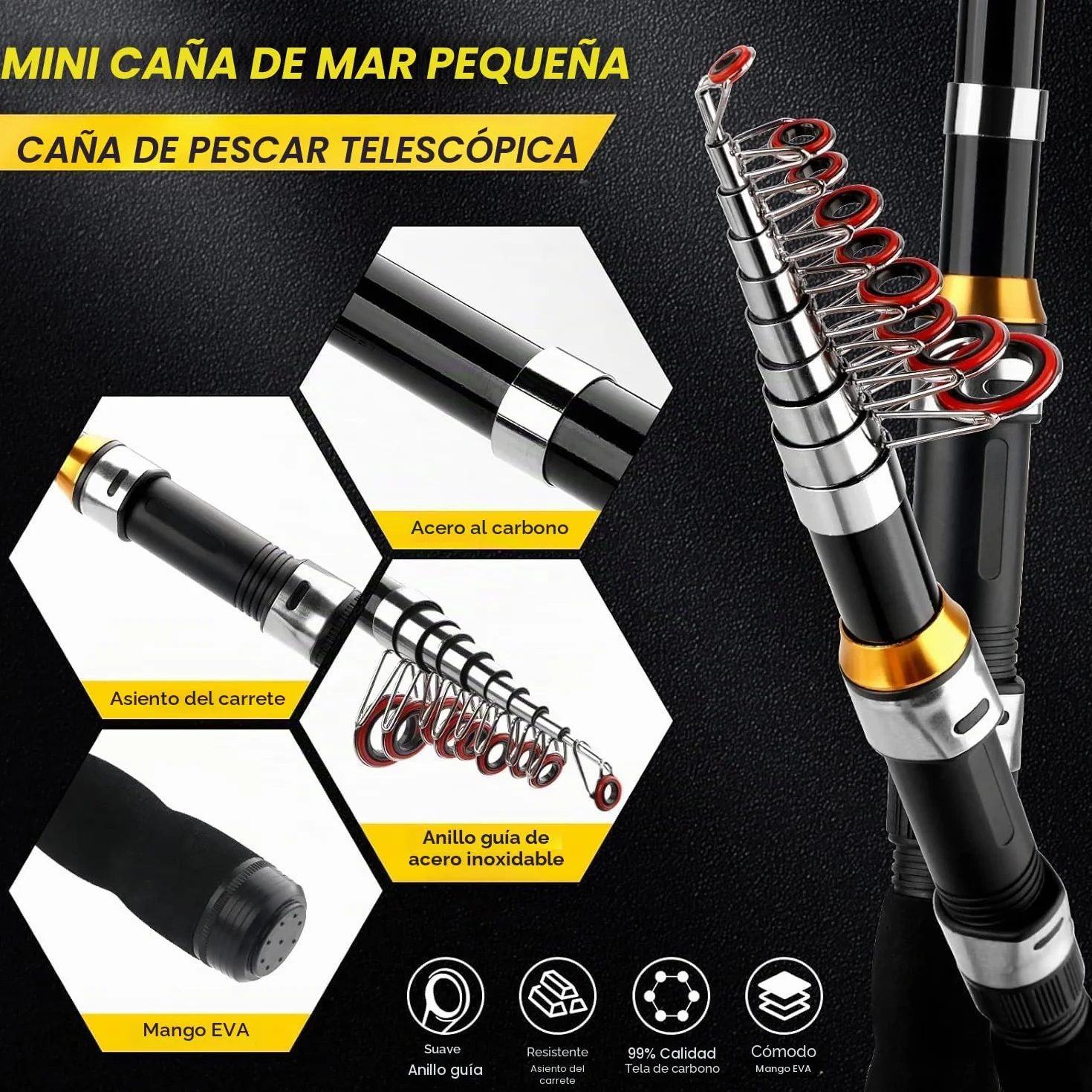 Kit de caña de pescar telescópico giratorio 2 uds 6.89 pies plegable con bolsa