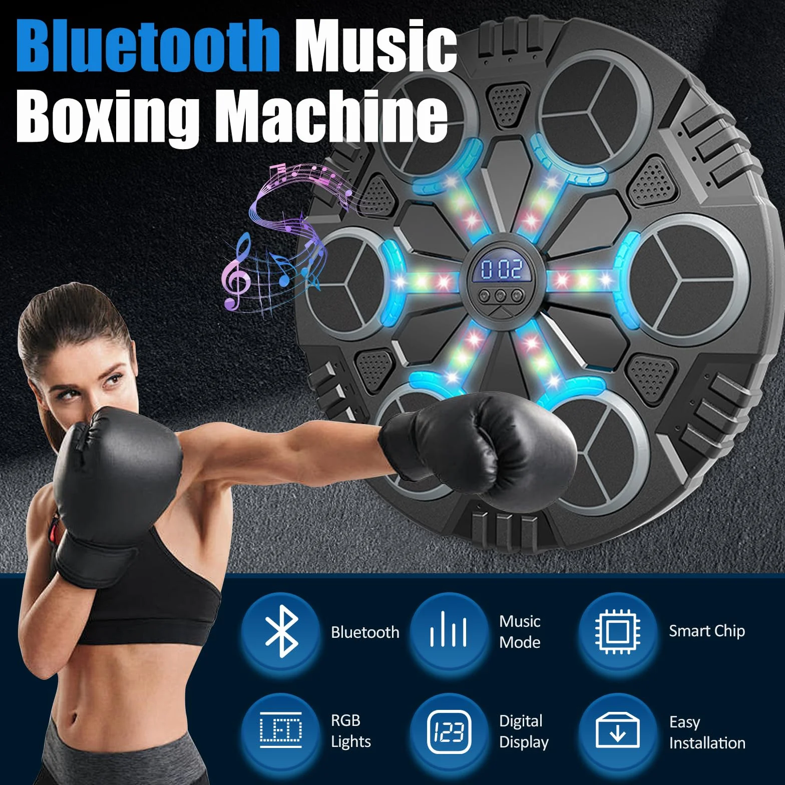 Máquina de Boxeo Musical LED con Guantes, 3 Velocidades Ajustables, Bluetooth para Adultos y Niños