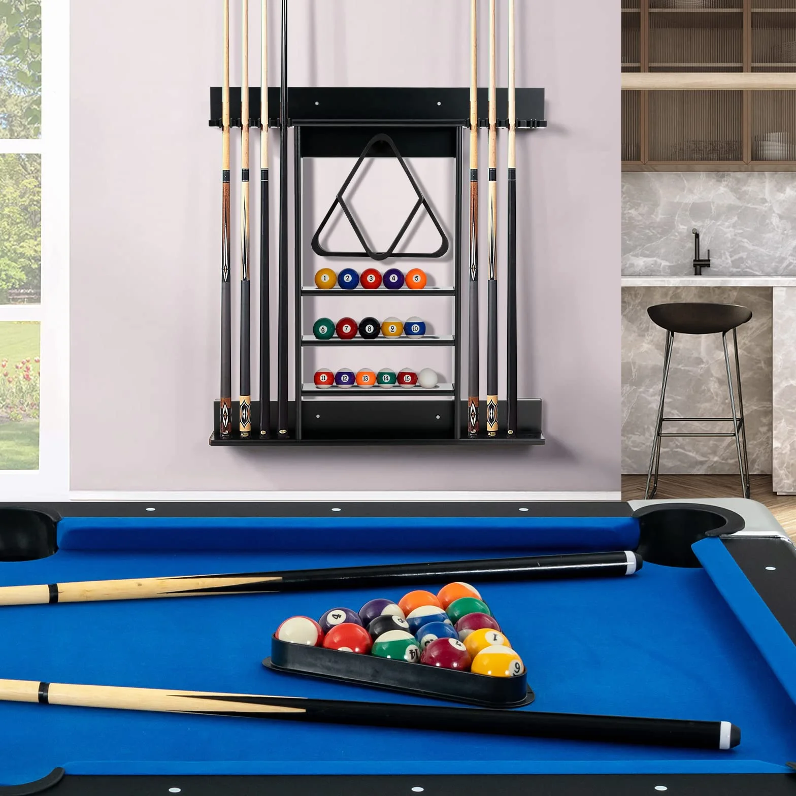 COSTWAY Billar Rack Madera Maciz Estante Palos 8 Tacos 15 Bolas 1 Soporte Equipo Compacto Sala Club Bar Negro