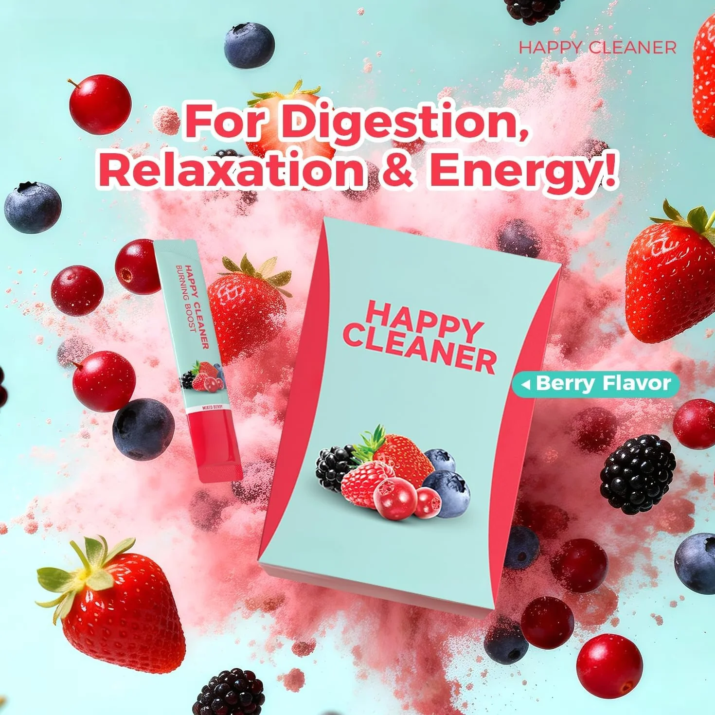 Happy Cleaner Digestive Powder: una bebida suave diaria que ayuda a la digestión y mantiene la salud intestinal. Sabor natural a frutos rojos sin azúcar. Embalaje de bolsitas independientes y portátil