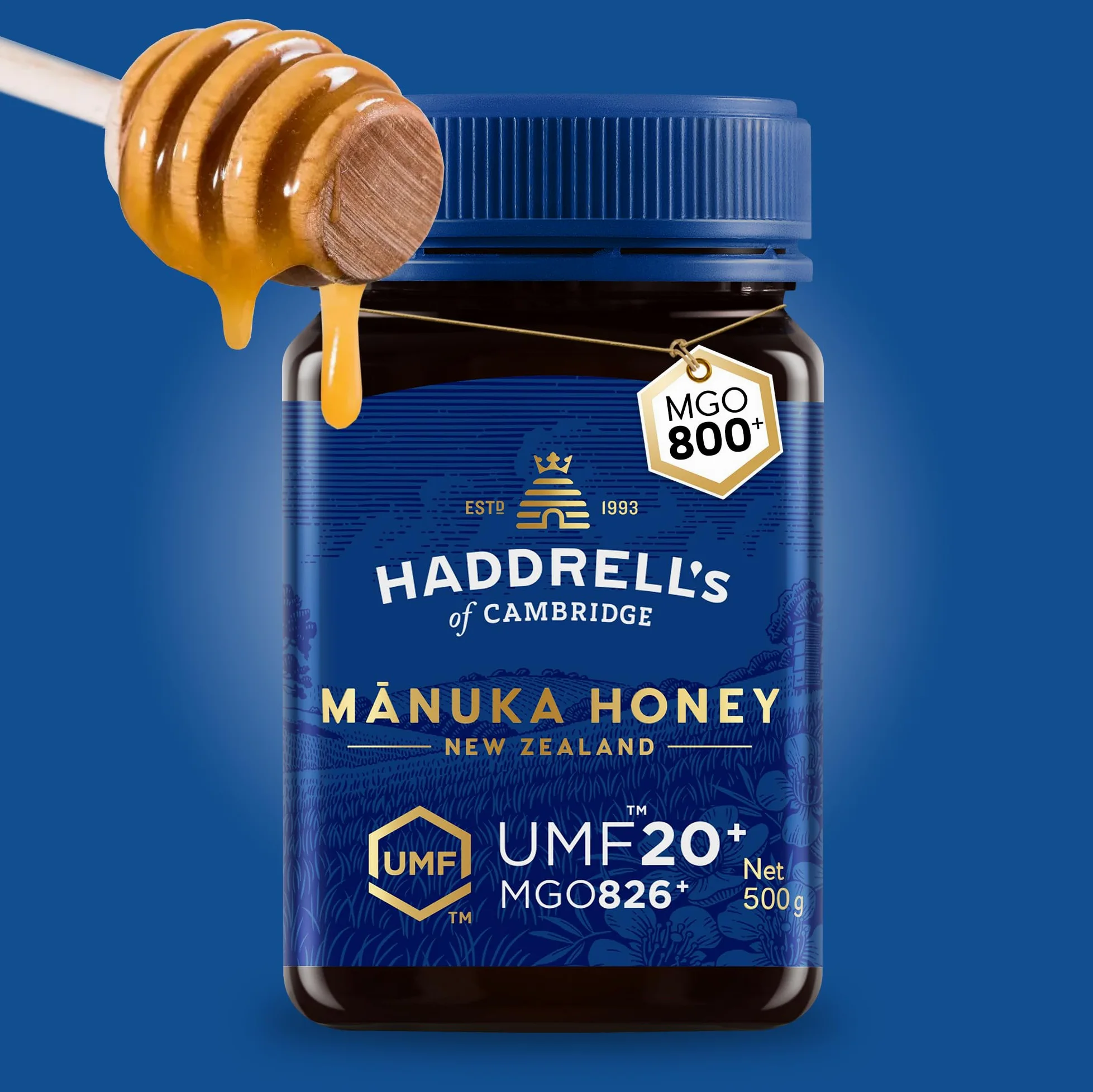 Haddrells of Cambridge Miel de Manuka MGO 800+ (UMF 20+) 500g - Miel certificada de Nueva Zelanda - Rica en metilglioxal - Sostenible, cruda y con un alto contenido en MGO