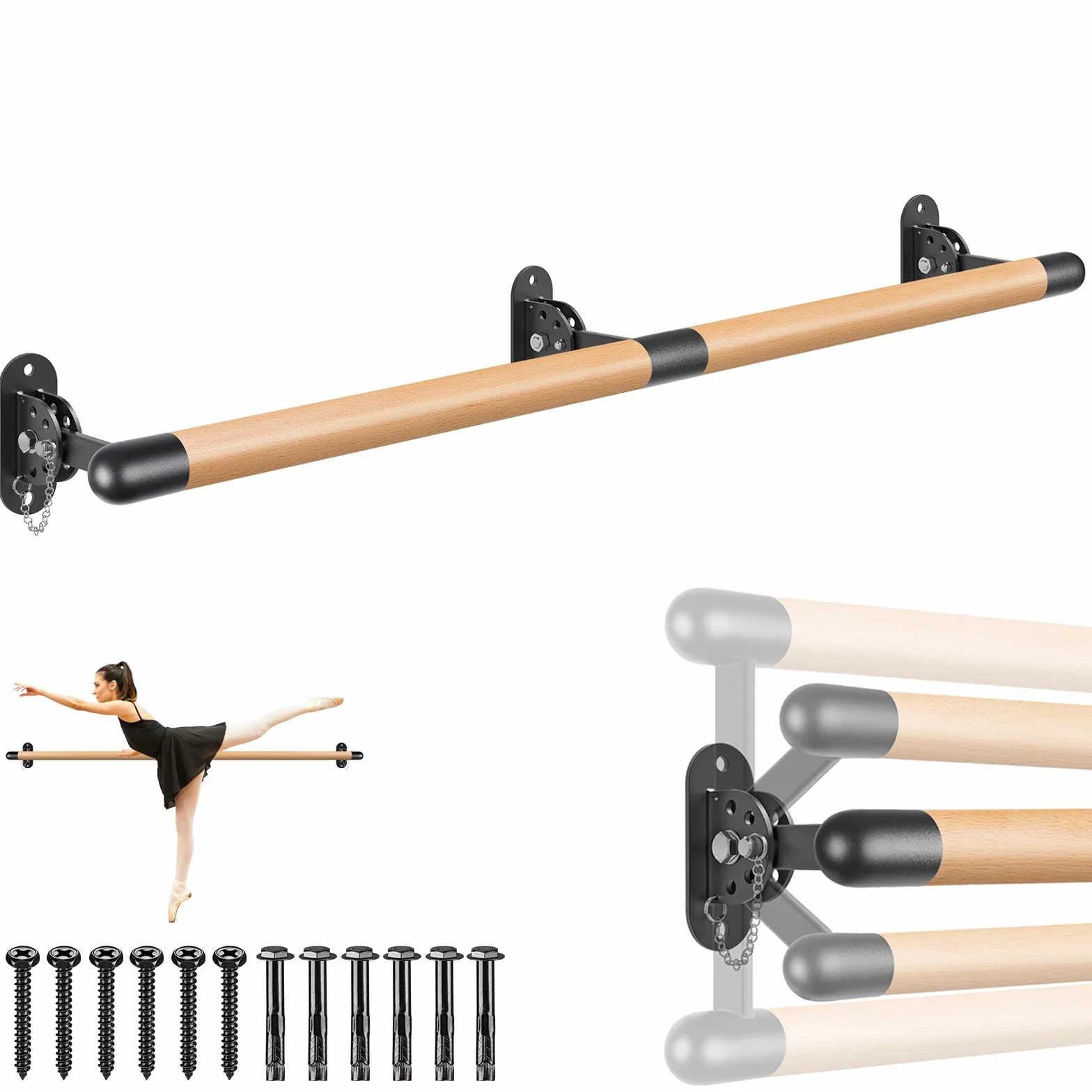Dolibest Barra de Ballet de Madera 170 cm Ajustable Montaje en Pared 90-250 cm