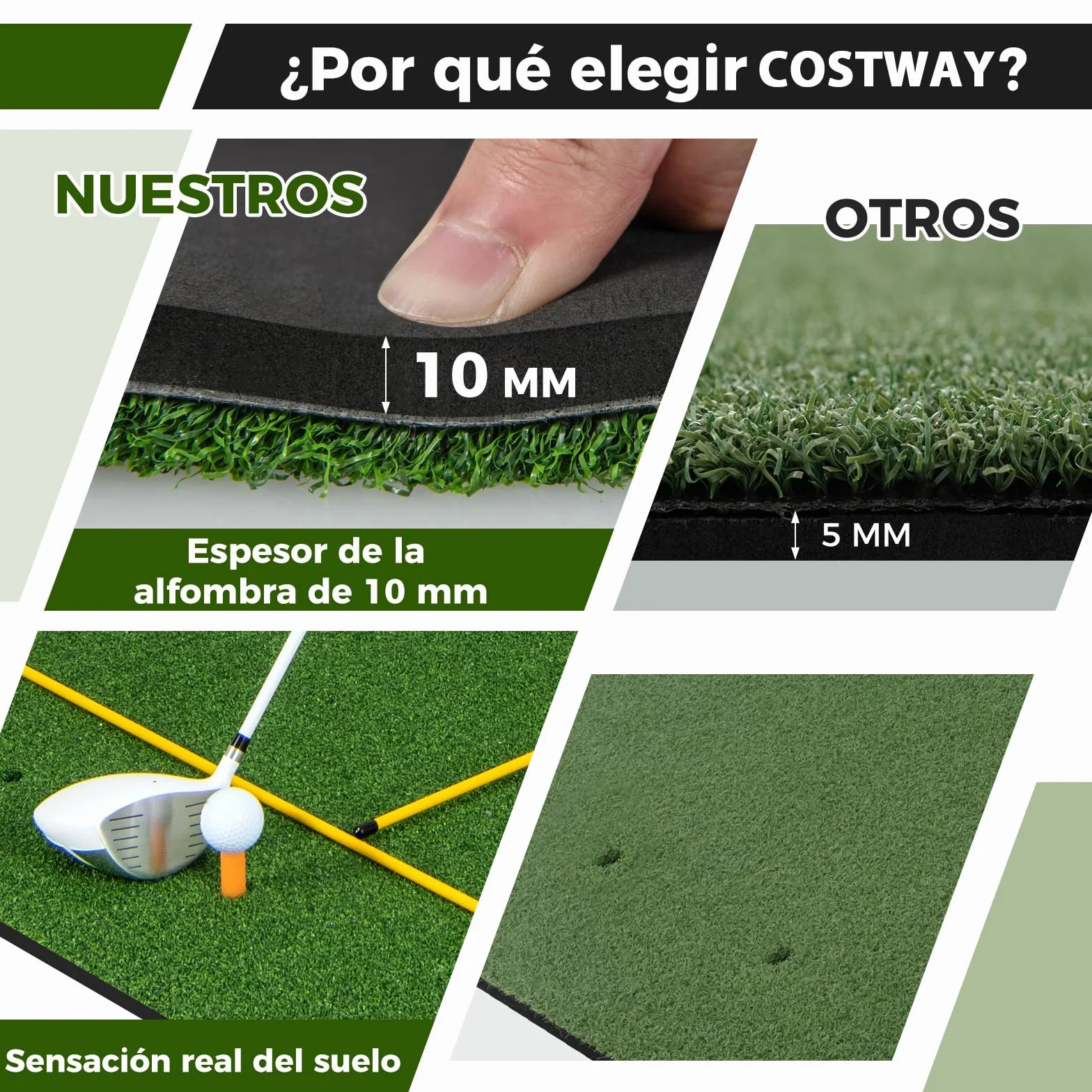 COSTWAY Tapete de Golf 3 en 1, Alfombrilla de Césped Sintético 20/25mm, 2 Tees y 2 Palos de Alineación