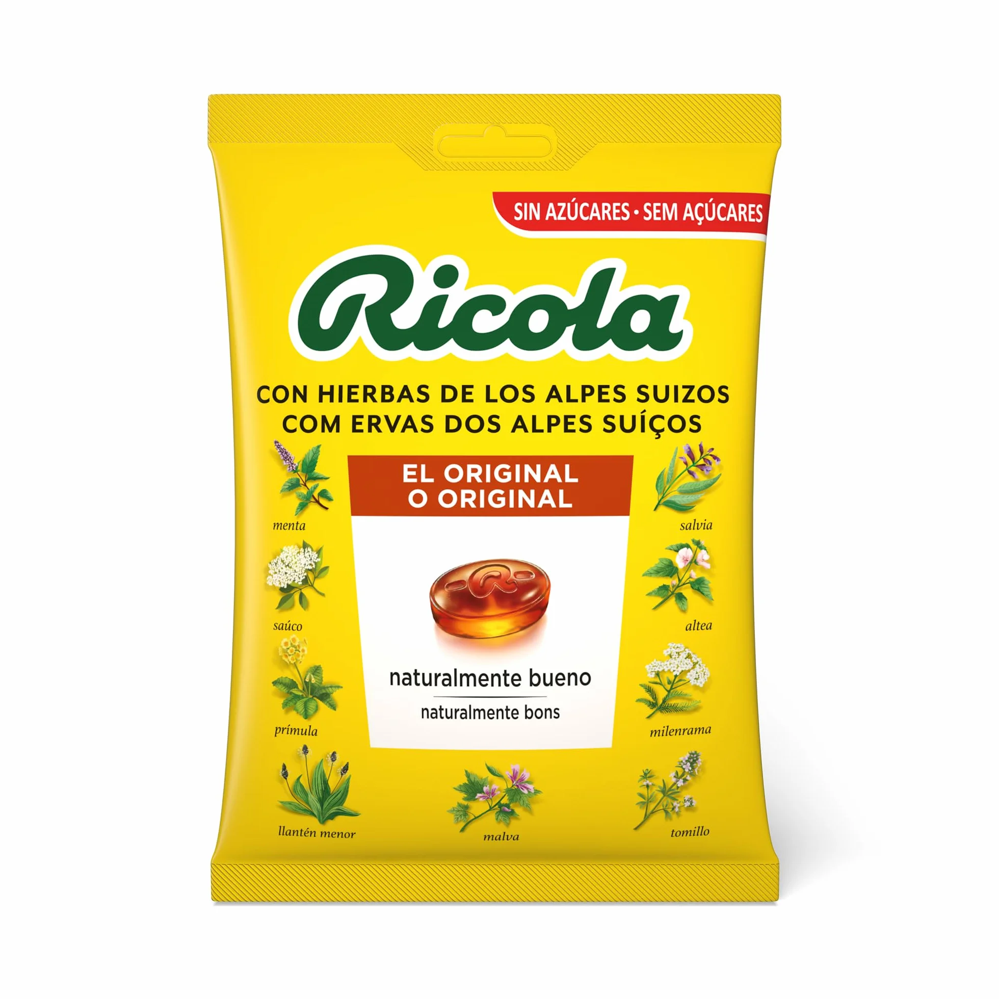 Ricola - Hierbas Suizas Original, Caramelos Duros Sin Azúcar, Refresca, Alivia la Garganta y la Respiración, con Aceites Esenciales de Menta, Mentol y 13 Hierbas Suizas, con Edulcorantes - Bolsa 70 g