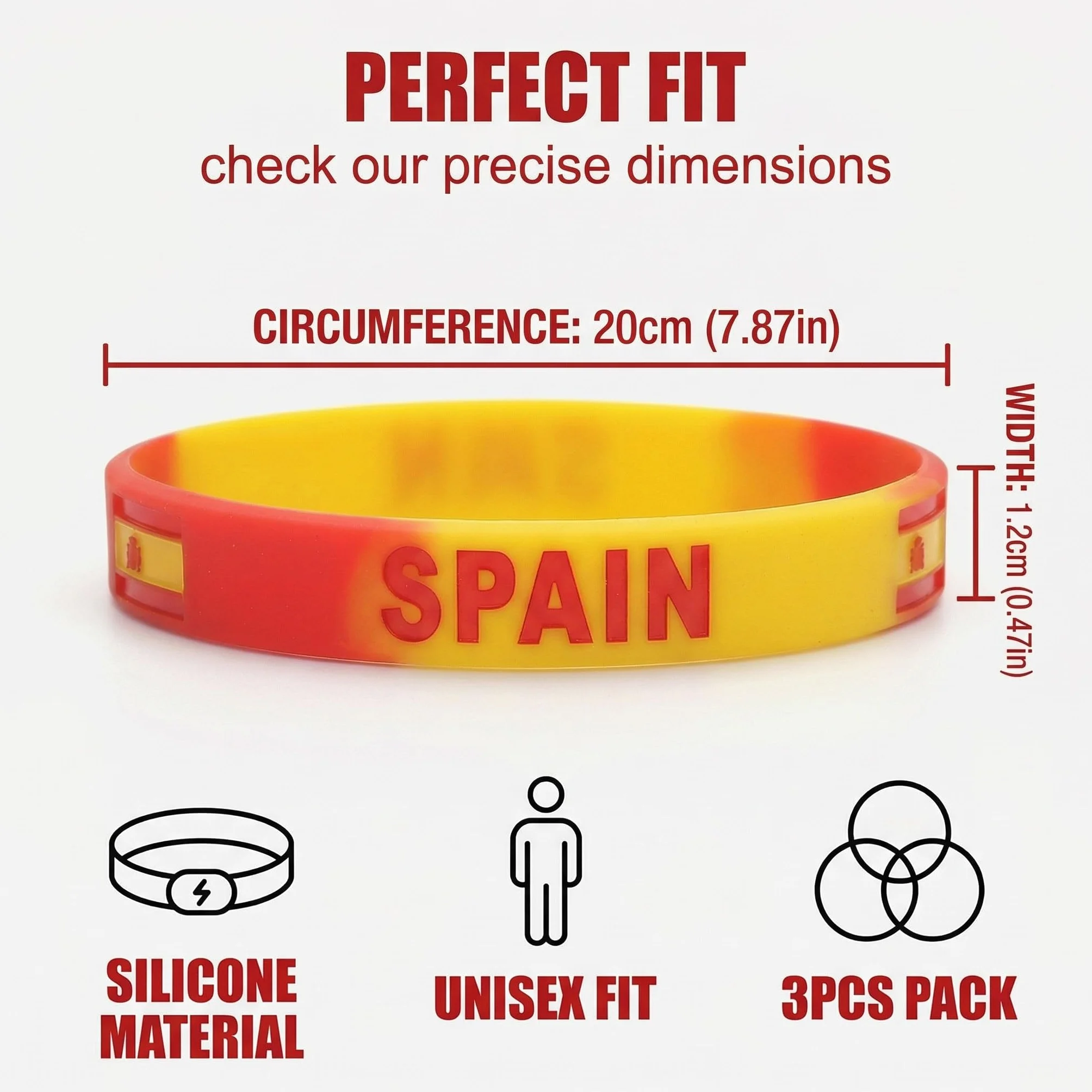 Pulseras España de Silicona 20cm Pack de 3, Brazalete Bandera España para Eventos Deportivos y Fiestas, Accesorios Aficionados Rojo