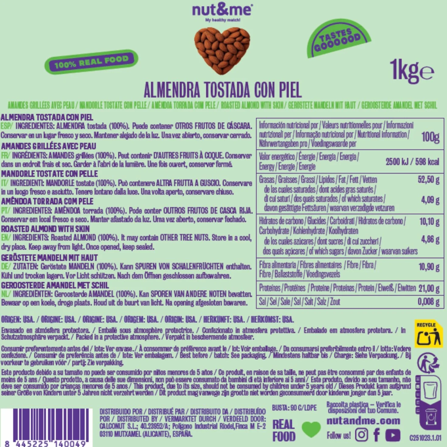 Almendras tostadas naturales sin sal 2 kg nut&me | Sin Gluten - sin aditivos | Keto | Frutos secos saludables | Proteina vegana | Pack 2 x 1 kg