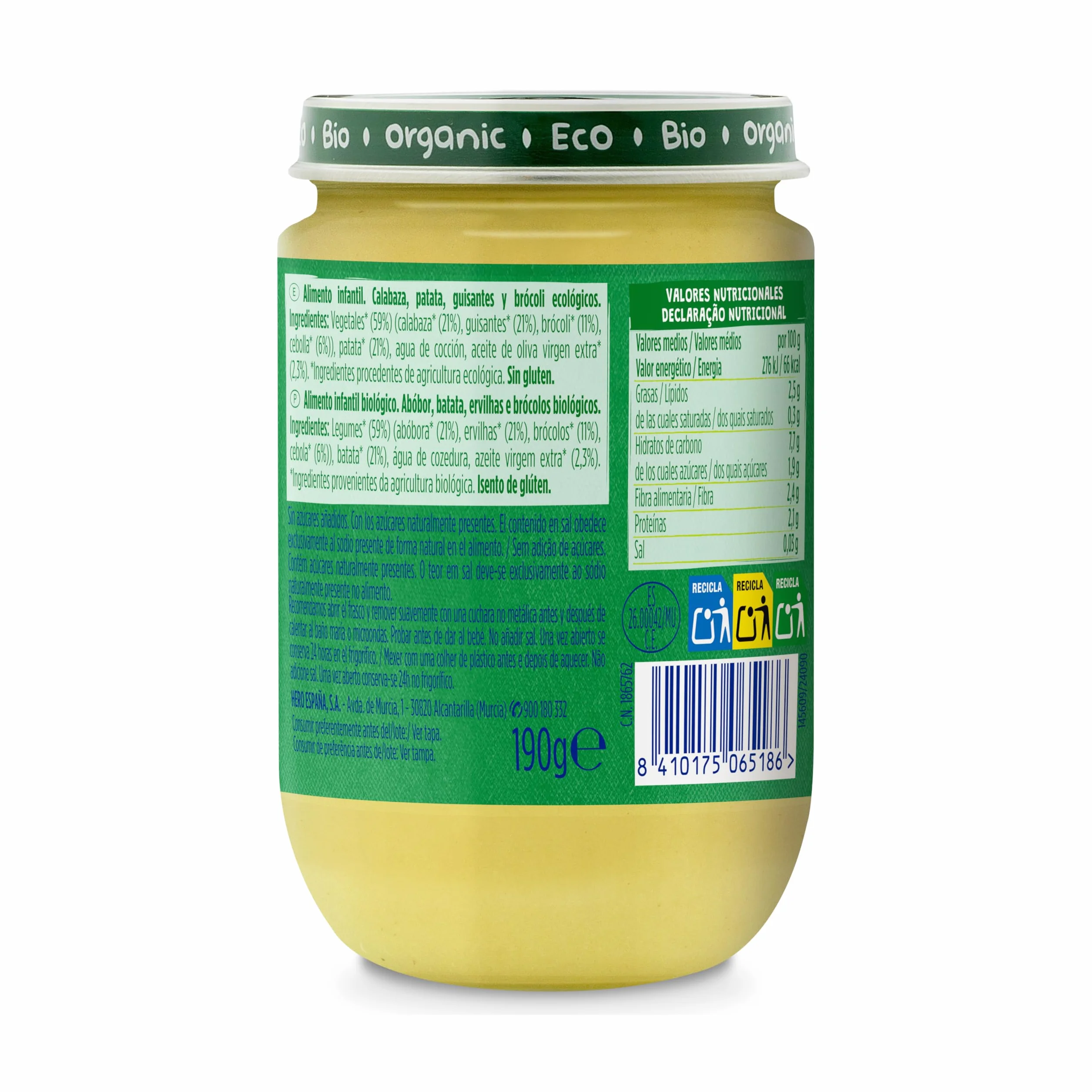 Hero Solo Bio Tarritos de Calabaza, Patatas, Guisantes y Brocoli 100% Ecológico 12 x 190 g