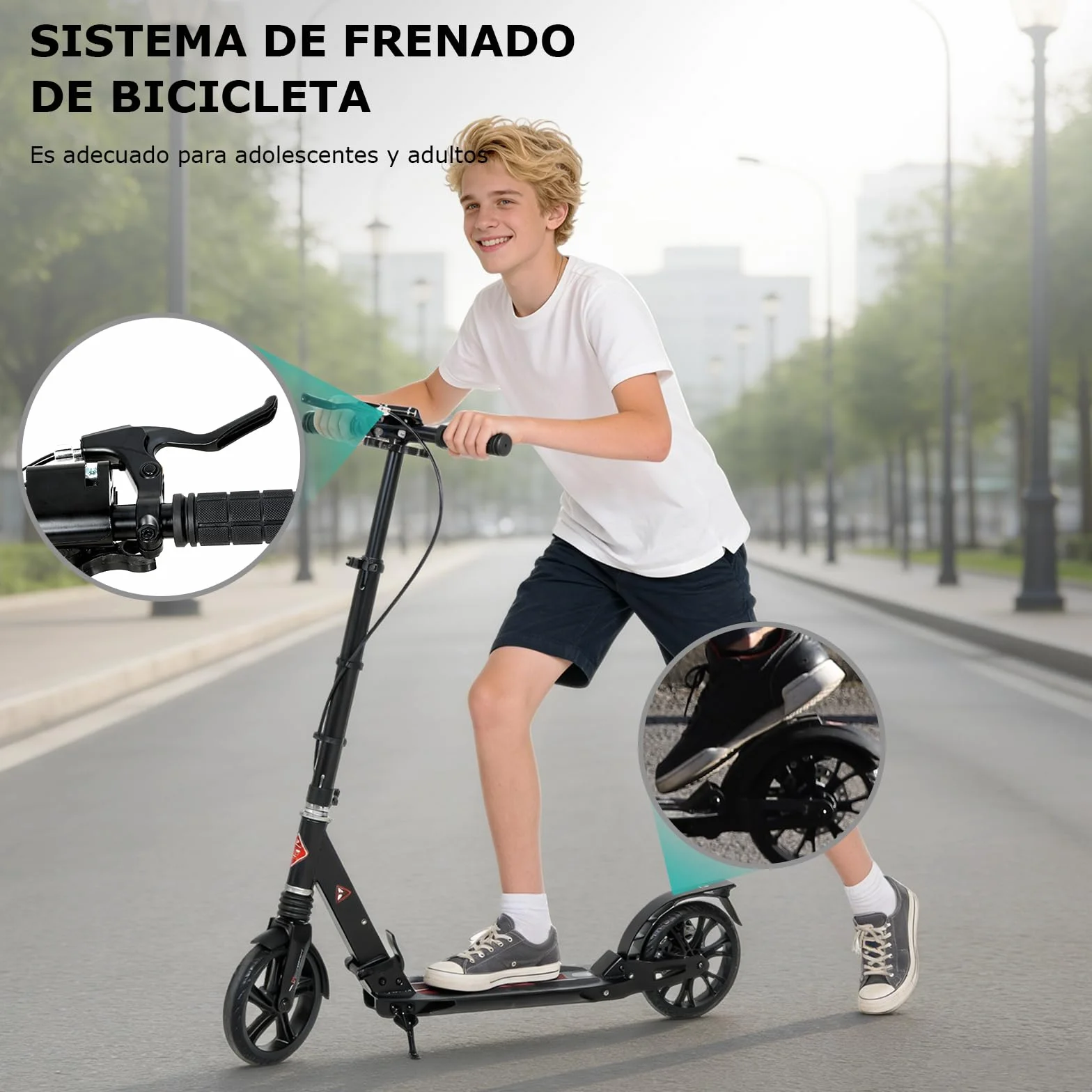 ISE Patinete Scooter Plegable Adulto Niño Manillar Ajustable 93-107cm Ruedas 200mm Freno de Mano Máx 100kg