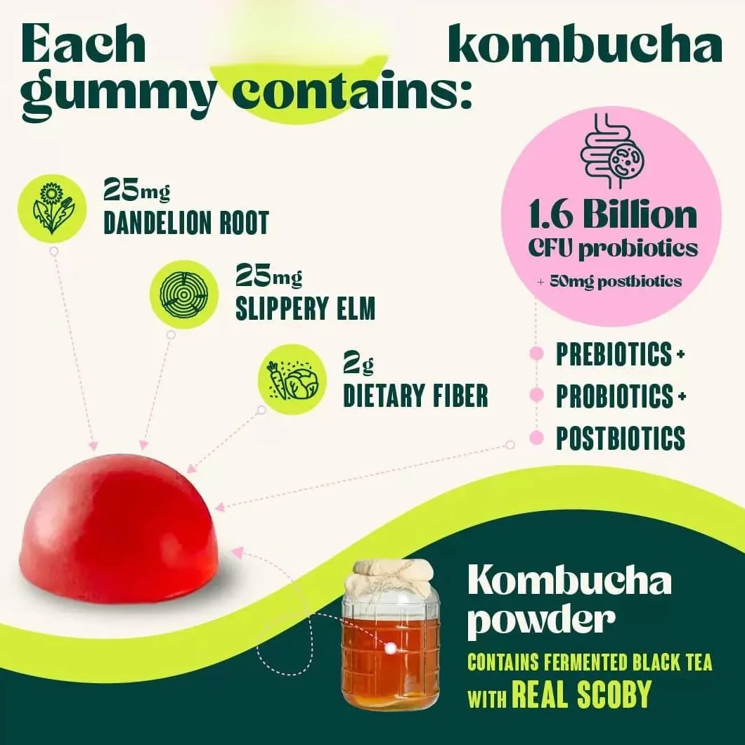 Gomita probiótica Kombucha: para hinchazón, salud intestinal, mujeres y hombres, vegana, sin OGM