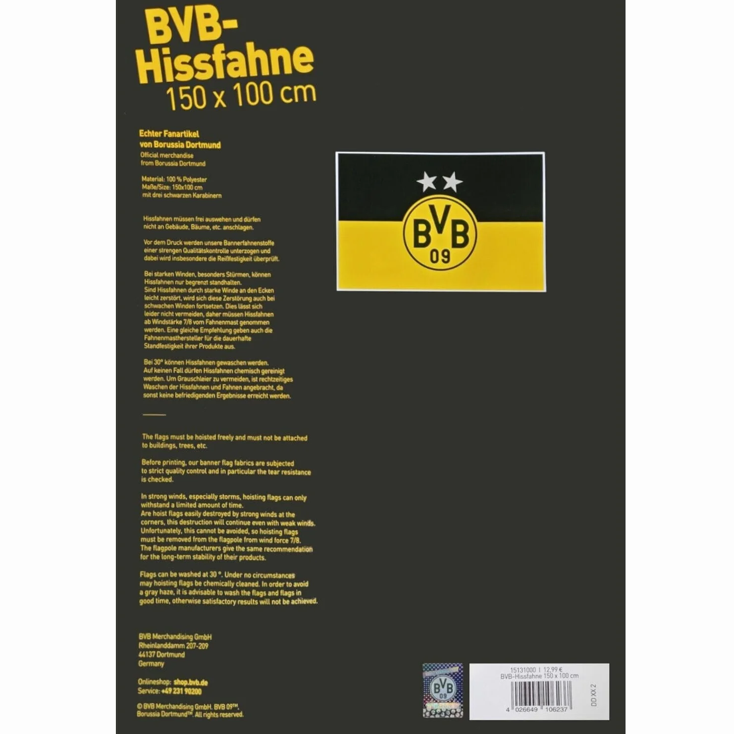 Borussia Dortmund Levantar la bandera Unisex Negro Amarillo 150x100